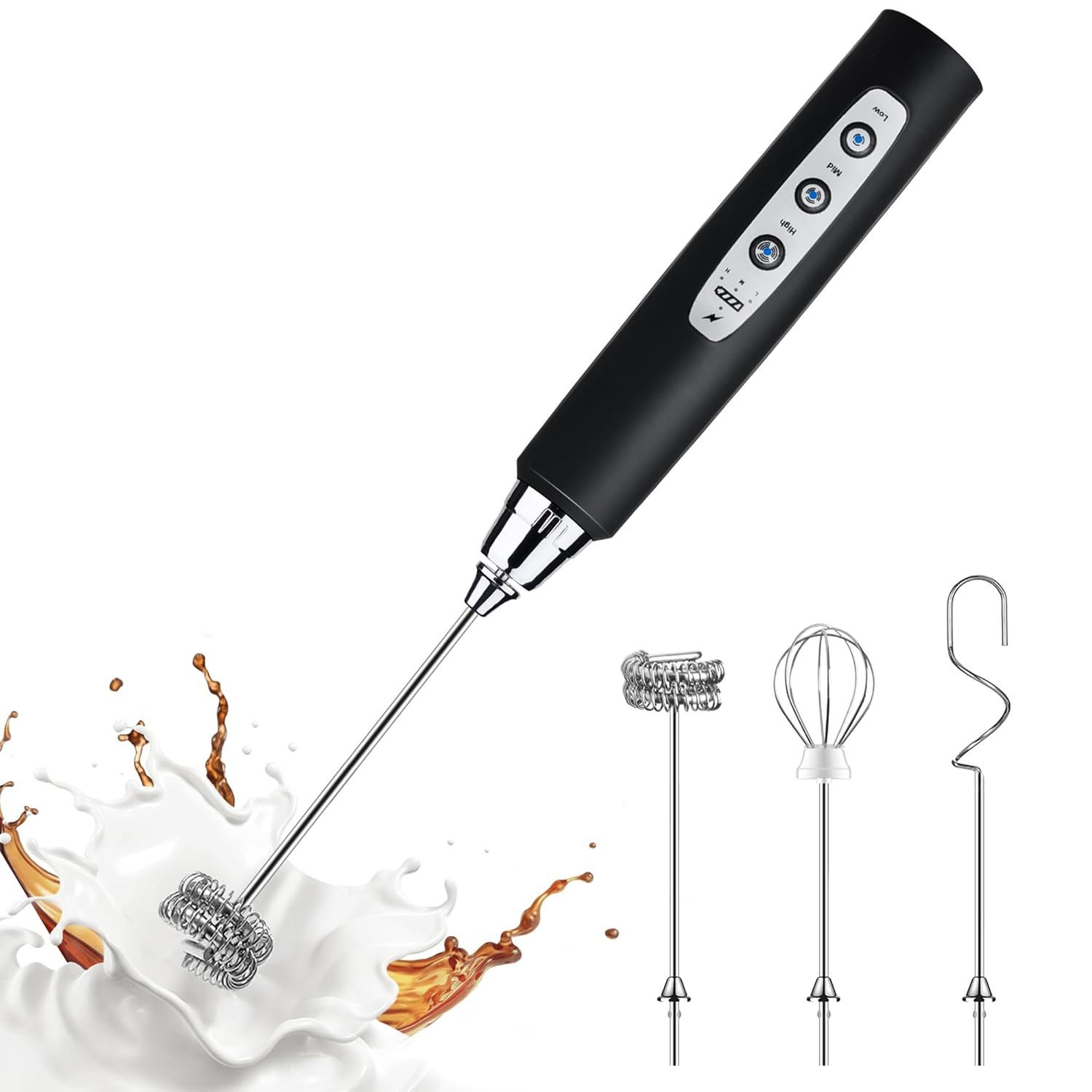 TUWENA Milchaufschäumer Wiederaufladbarer Aufschäumer, 3 Schneebesen-Köpfe 3 Geschwindigkeiten, Elektrisch für Kaffee Milchkaffee, Cappuccino, Getränkepulver