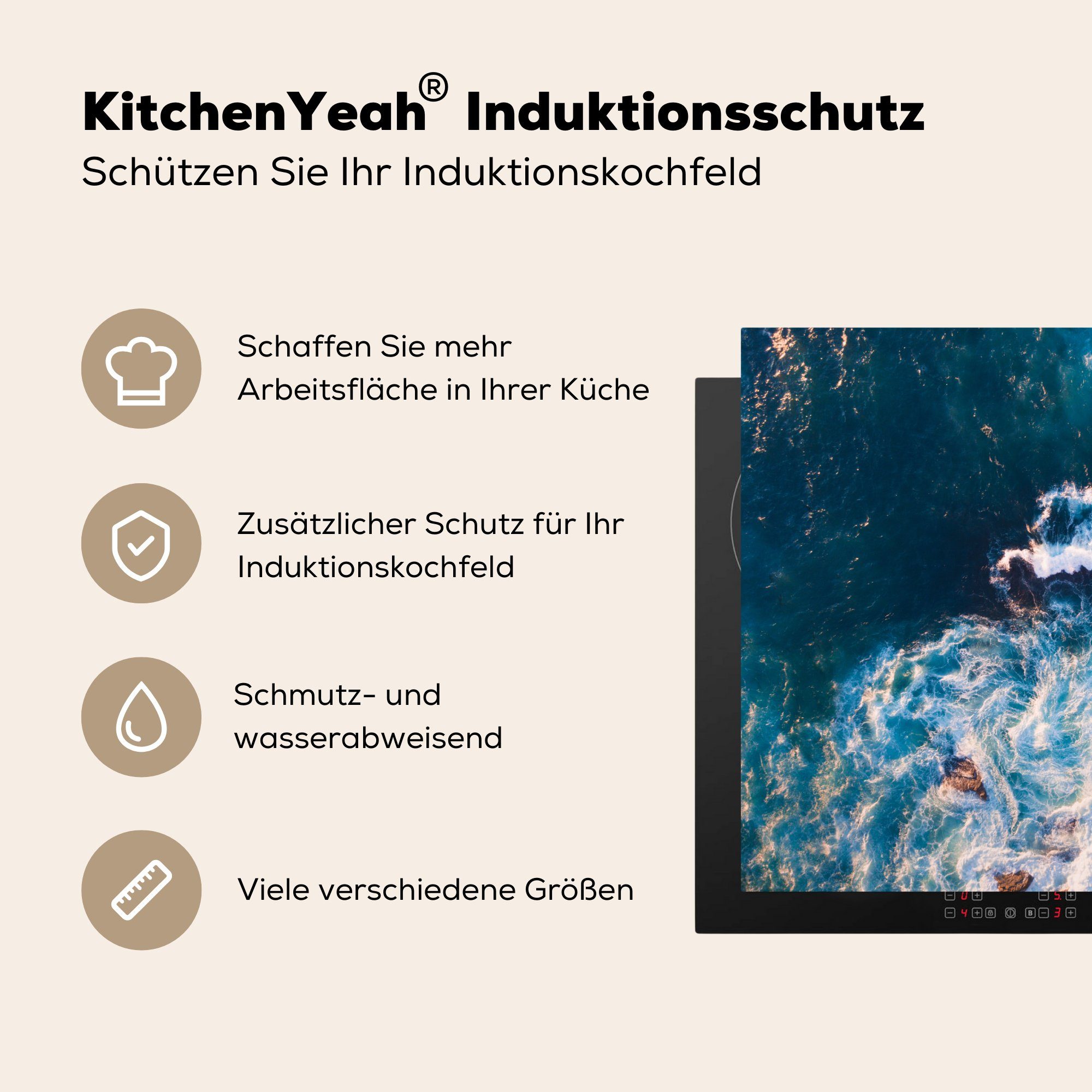 küche, cm, Vinyl, 71x52 - Strand für Ceranfeldabdeckung Schutz Induktionskochfeld Herdblende-/Abdeckplatte die (1 MuchoWow Kieselsteine, tlg), - Meer