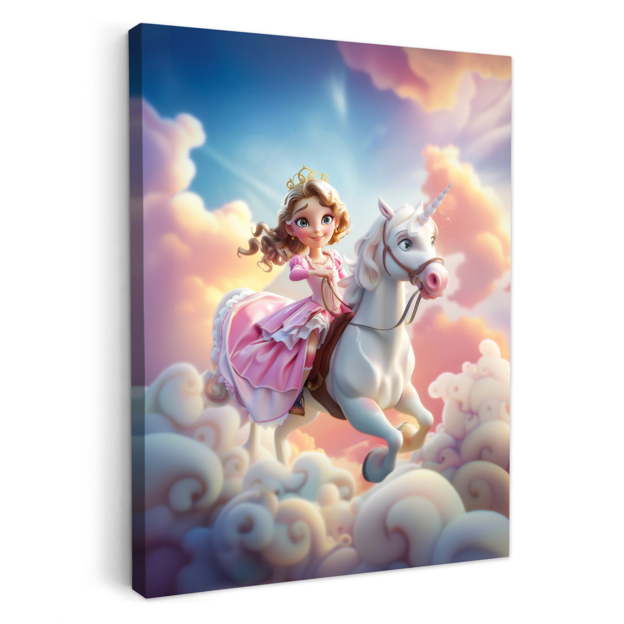 OneMillionCanvasses® Leinwandbild Prinzessin - Einhorn - Mädchen - Wolken, Fotodruck (1 St), Dekoration für Baby- & Kleinkinderzimmer, Kinderzimmer 50x70 cm