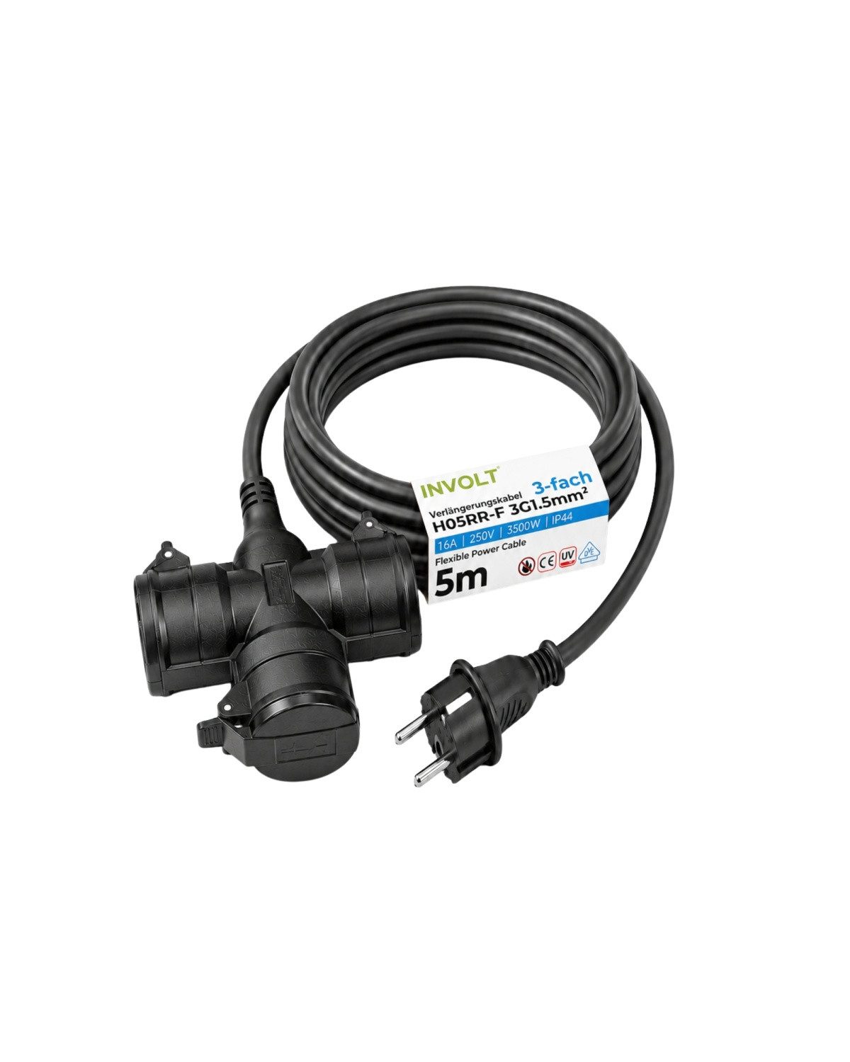 INVOLT 3-fach Verlängerungskabel IP44 – H05RR-F 3G1,5 mm² Verlängerungskabel, (500 cm)