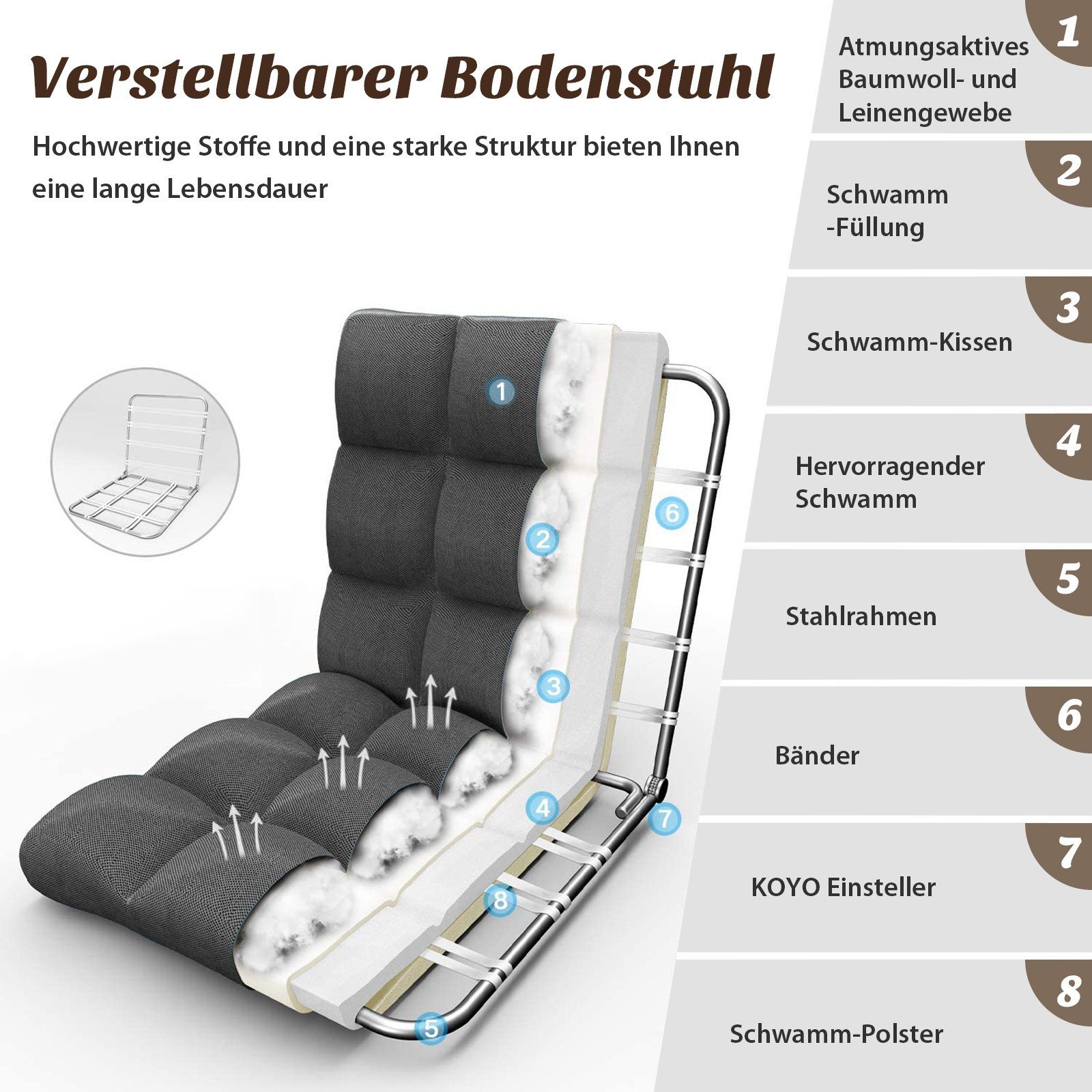 Sessel, Lehne mit 14-Fach Verstellbarer Bodensessel, Dunkelgrau COSTWAY