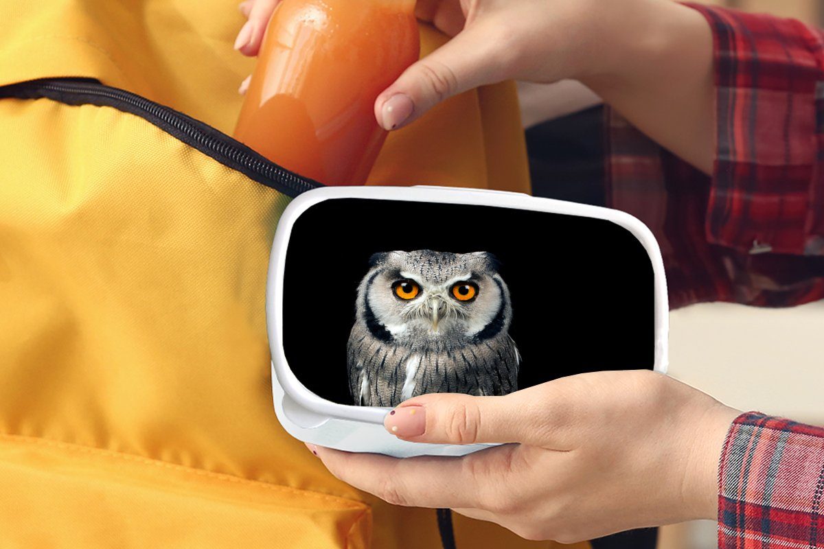 Kinder Vogel MuchoWow weiß Jungs Kunststoff, - (2-tlg), für und Schwarz, Orange Mädchen Lunchbox Brotbox Eule Brotdose, Erwachsene, für - und -