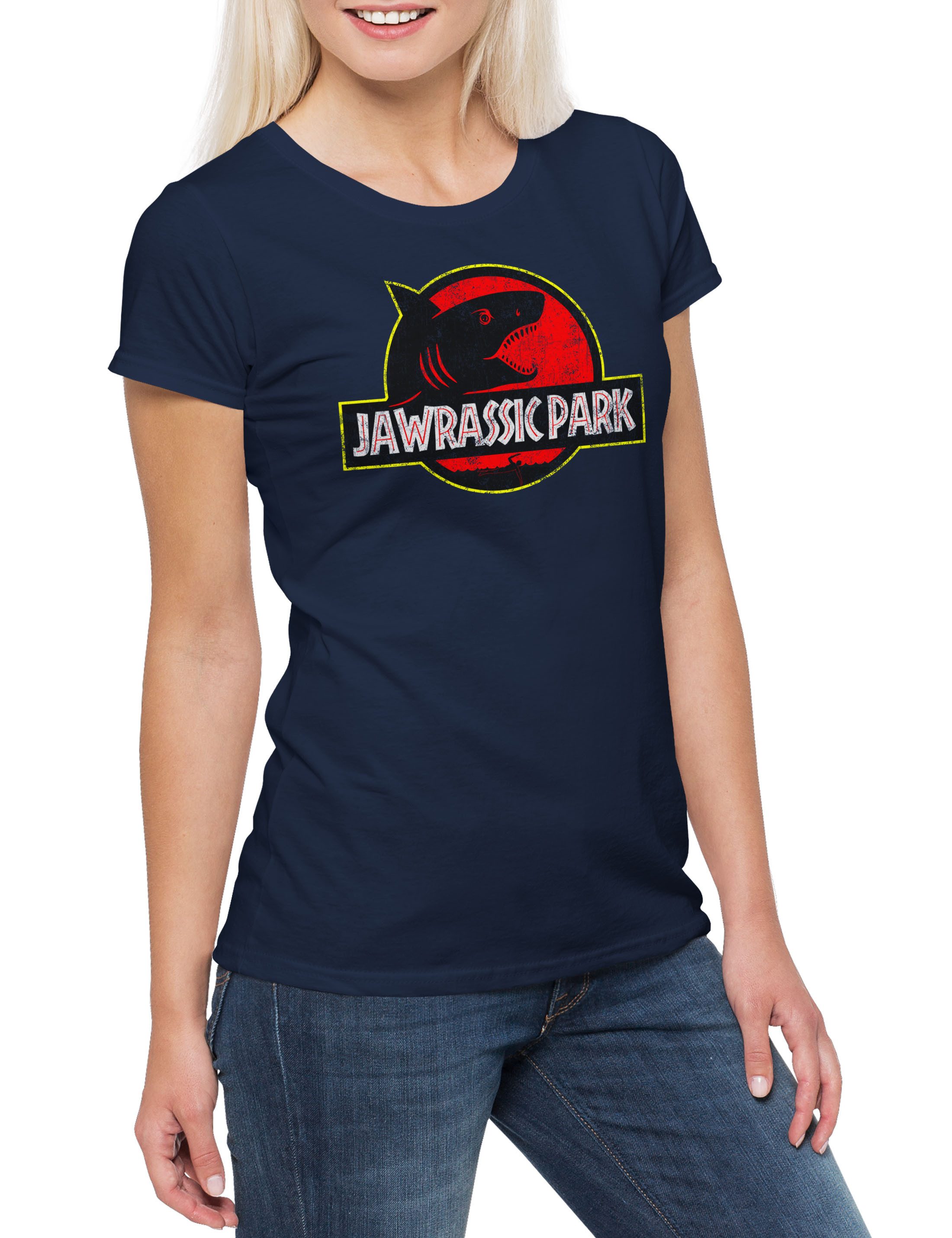 Print-Shirt Jawrassic Park Damen T-Shirt Island Shark Plakat Weißer Hai White Jaws