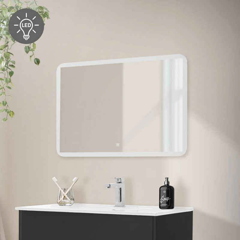 ML-DESIGN Badezimmerspiegelschrank Badezimmerspiegel aus Glas Wandmontage Deko Spiegel 90x60 cm Weiß mit LED-Beleuchtung und Touchschalter