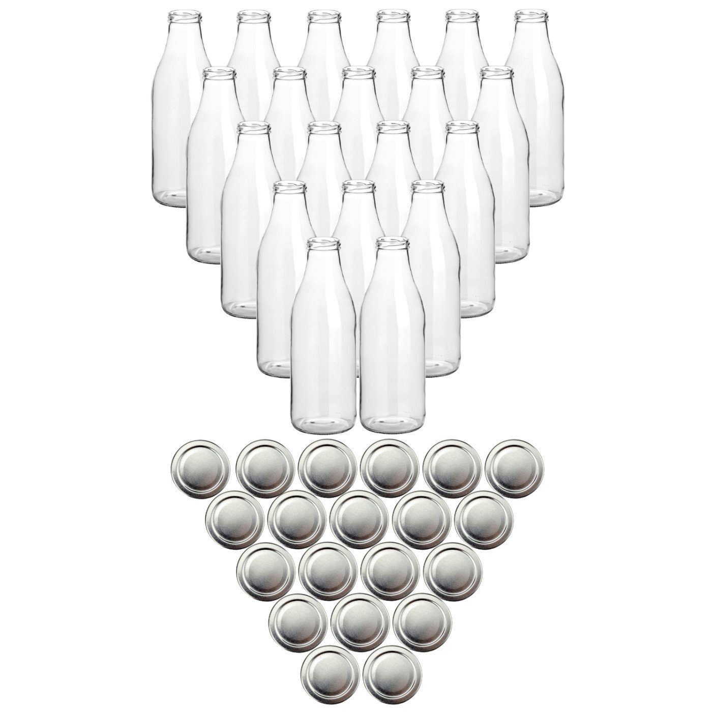 gouveo Trinkflasche Saftflaschen 1000 ml mit Schraub-Deckel - Große Flasche 1,0 l aus Glas, 20er Set, silberfarben