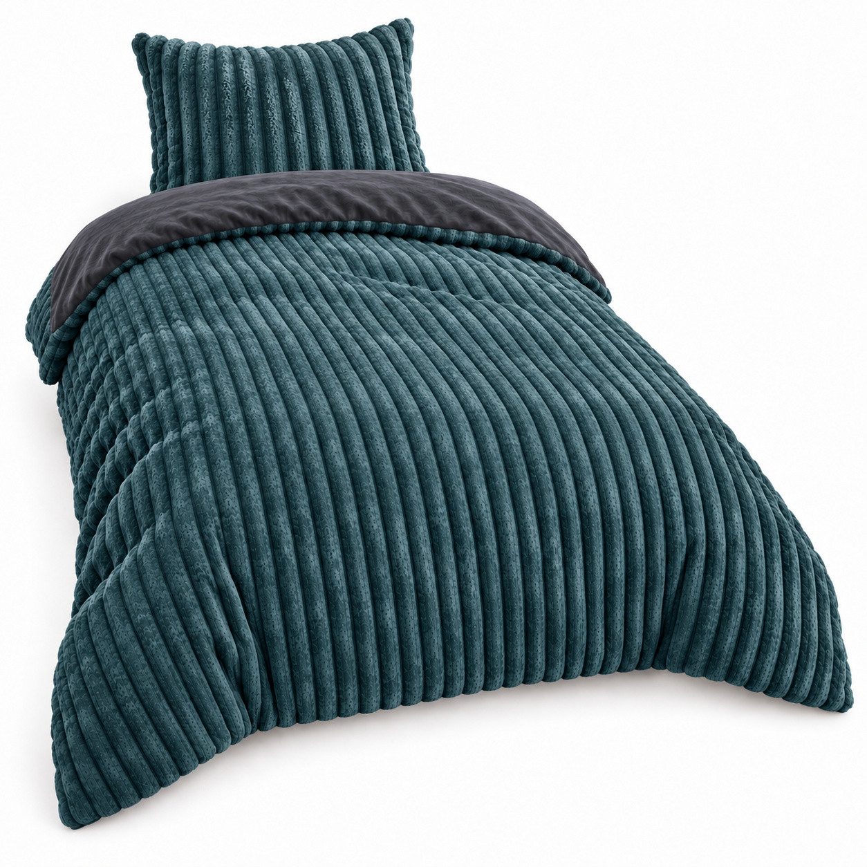 Leonado Vicenti Bettwäsche CORD Optik, Teddy Plüsch, Cashmere Touch, Fleece, 3 teilig, Winter, Wendeseite Anthrazit, flauschig, warm, Nicky-Plüsch