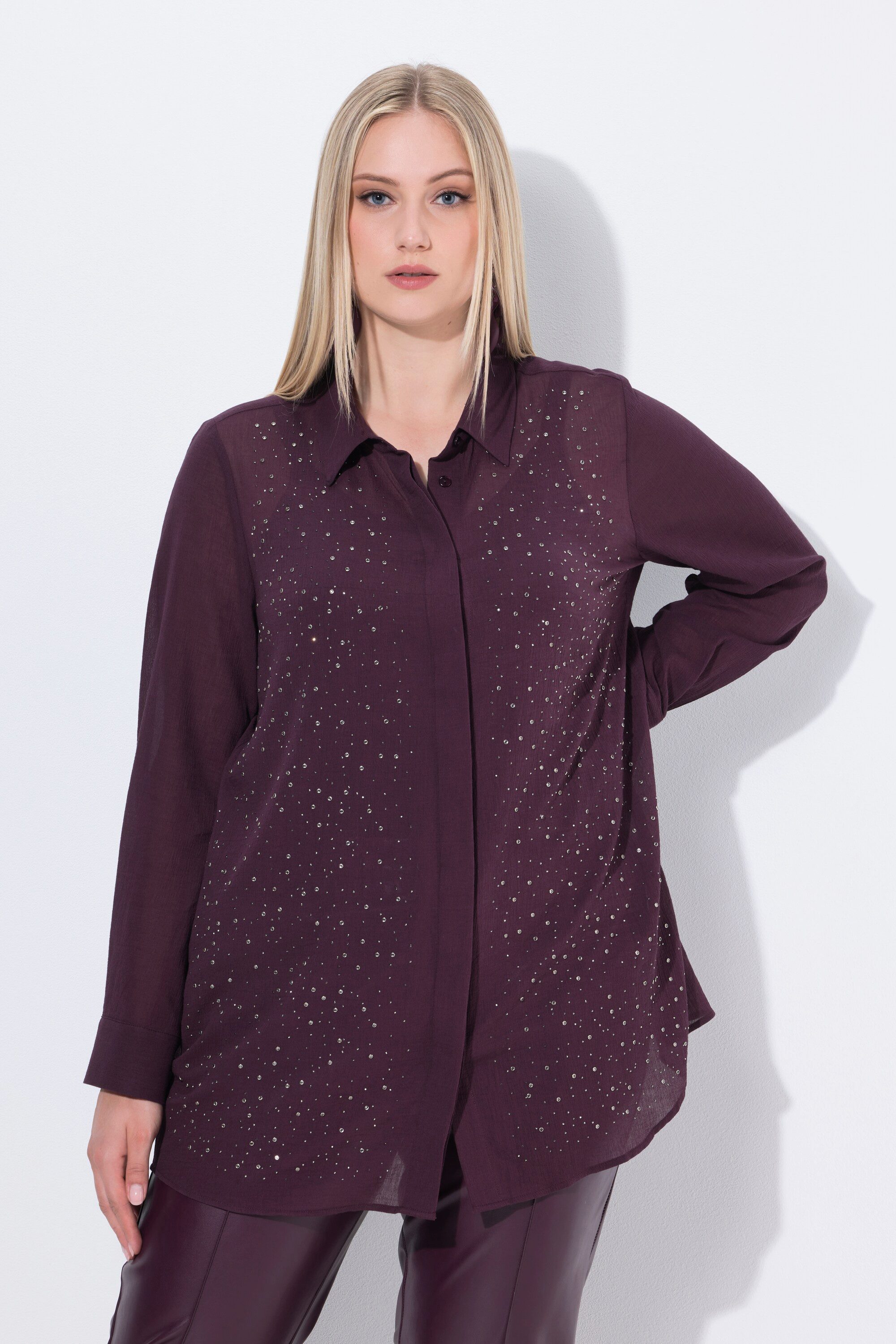 Ulla Popken Hemdbluse Bluse Ziersteinchen Hemdkragen Langarm