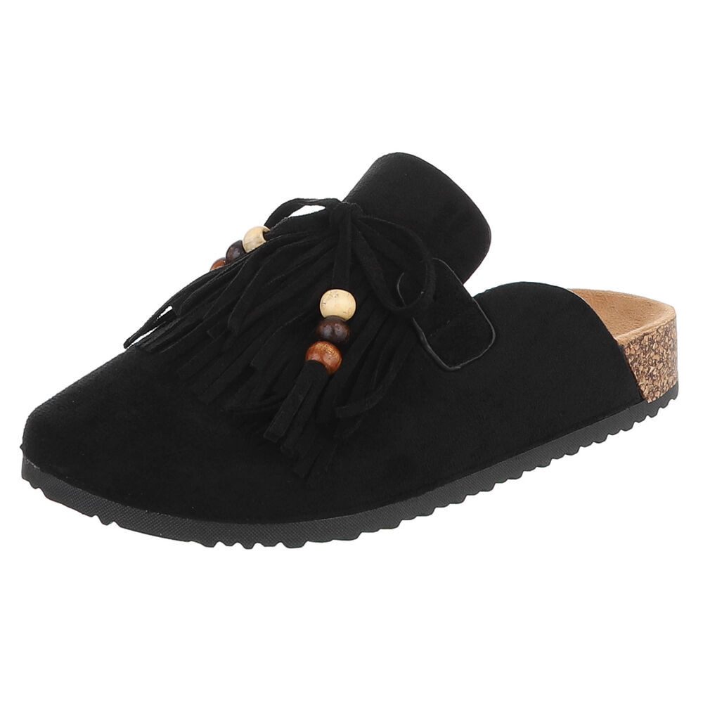 Ital-Design Damen Clog mit Fransen und Perlen, Schlupfschuh Pantolette (91742378) Flach Pantoletten in Schwarz