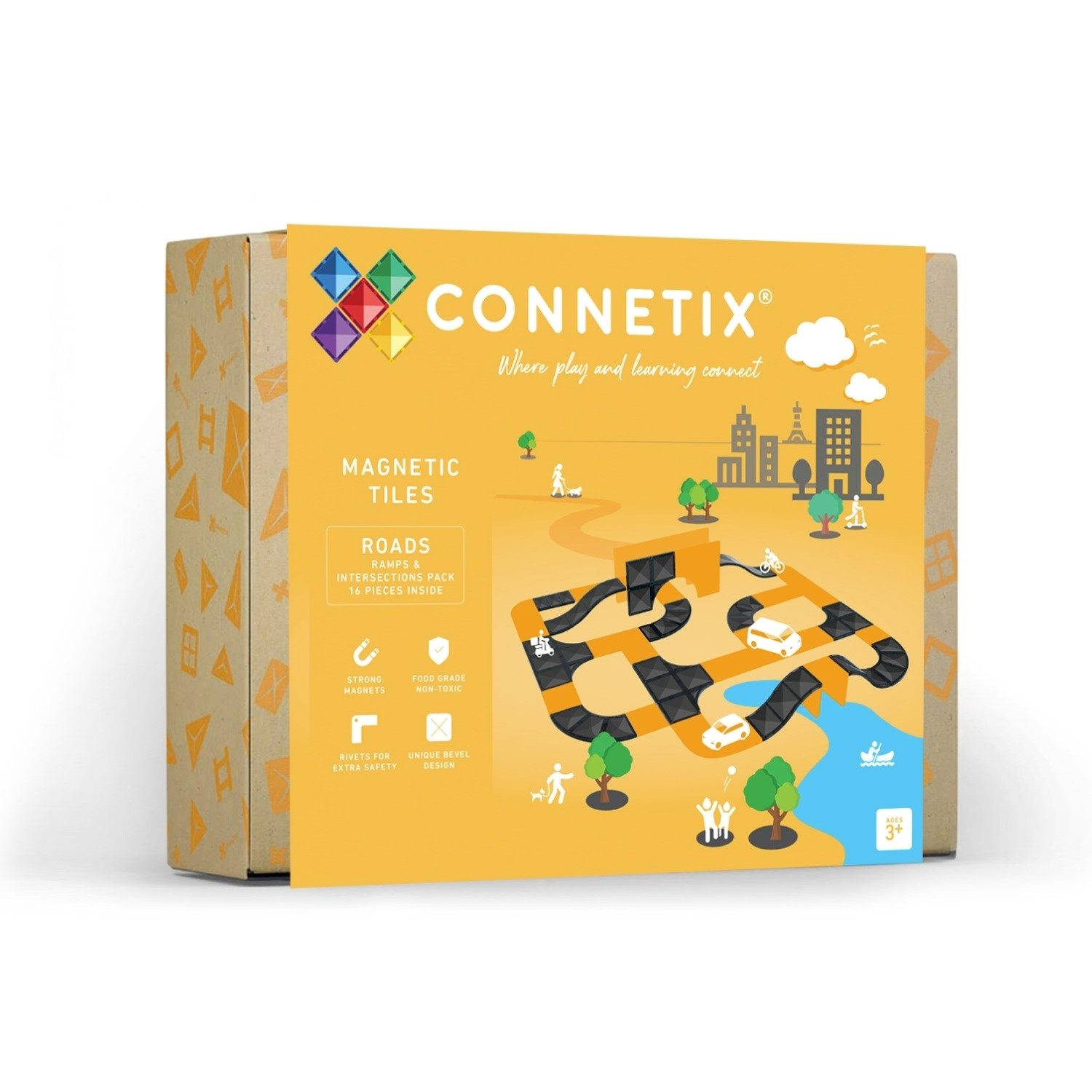 Connetix 16-teiliges Magnetbau-Set mit Rampen, Kreuzungen und Kurven, schwarz Magnetspielbausteine