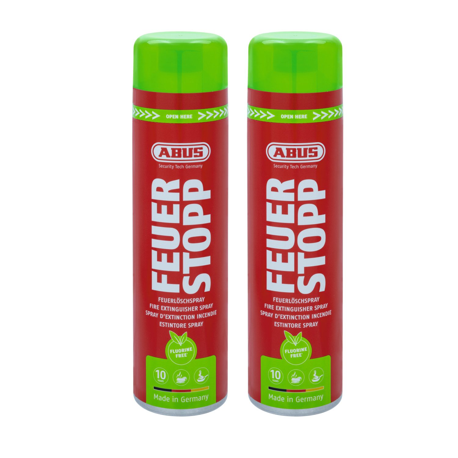 ABUS Feuerlöschspray Feuerstopp AFS625 fluorfrei - 2er Set, lange haltbar -Made in Germany- für Haushalt, Küche, Camper und Grill