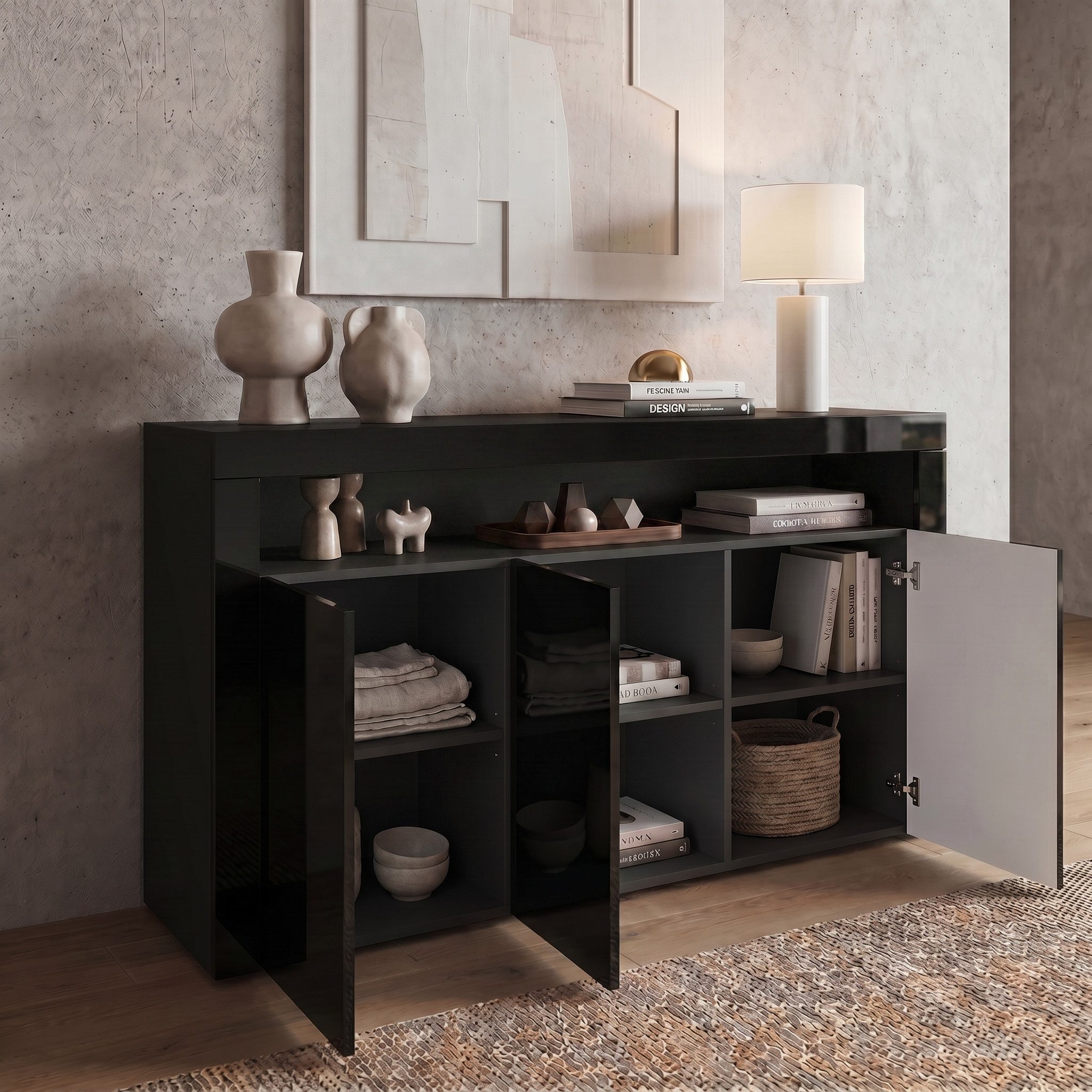 Vladon Sideboard Valencia (Sideboard, mit 3 Türen und 1 offenem Fach), Schwarz matt/Schwarz Hochglanz/Schwarz Hochglanz (155 x 92 x 40 cm)