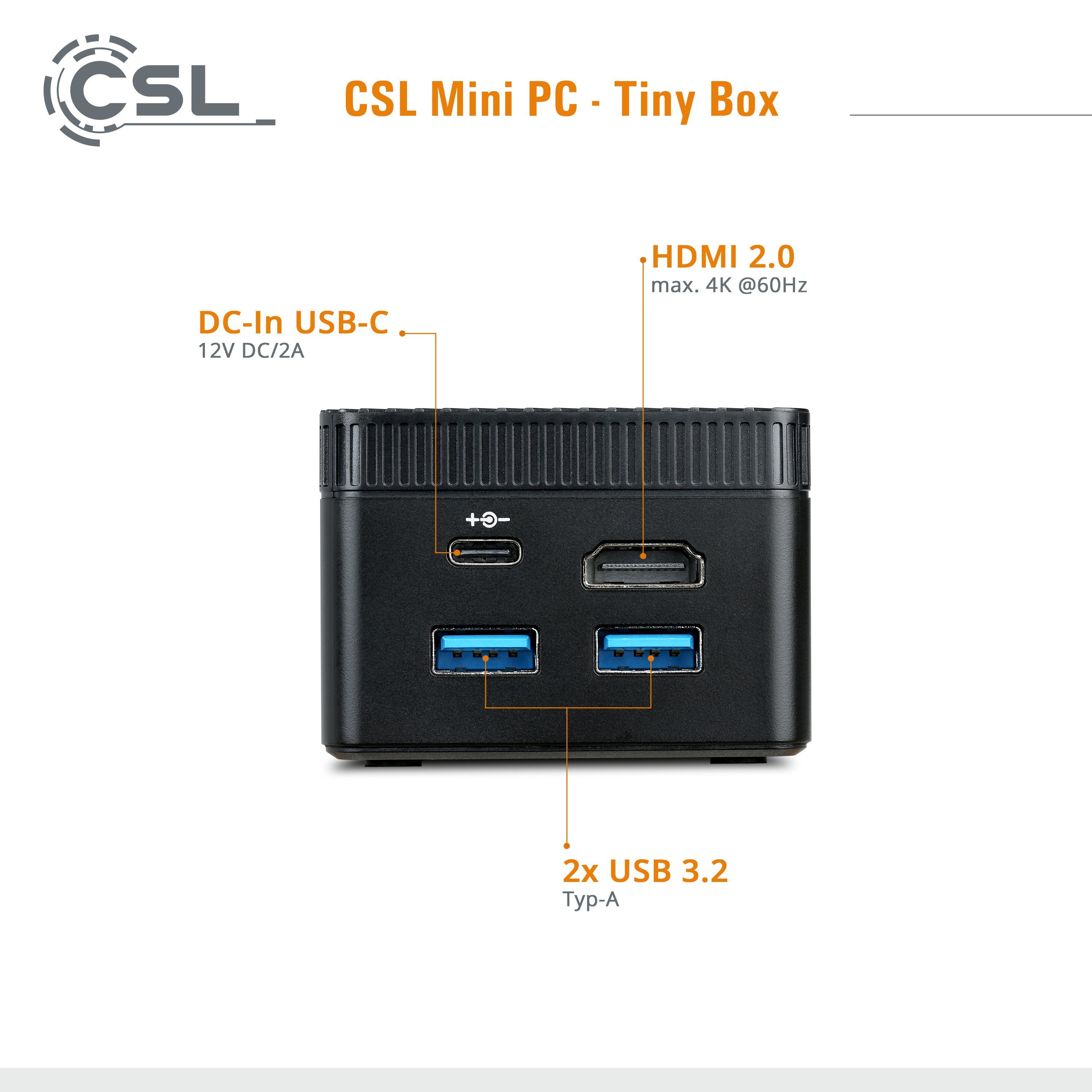 CSL Tiny Box PC (Intel® Celeron N4120, Intel® HD Graphics 600, 4 GB RAM,  128 GB SSD, passiver CPU-Kühler, 2m HDMI Kabel)