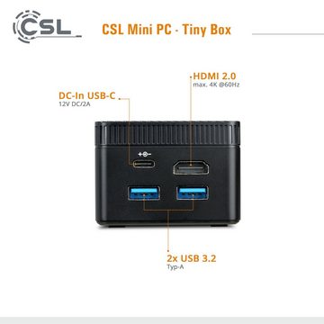 CSL Tiny Box Mini-PC (Intel® Celeron N4120, Intel® HD Graphics 600, 4 GB RAM, 128 GB SSD, passiver CPU-Kühler, 2m HDMI Kabel)