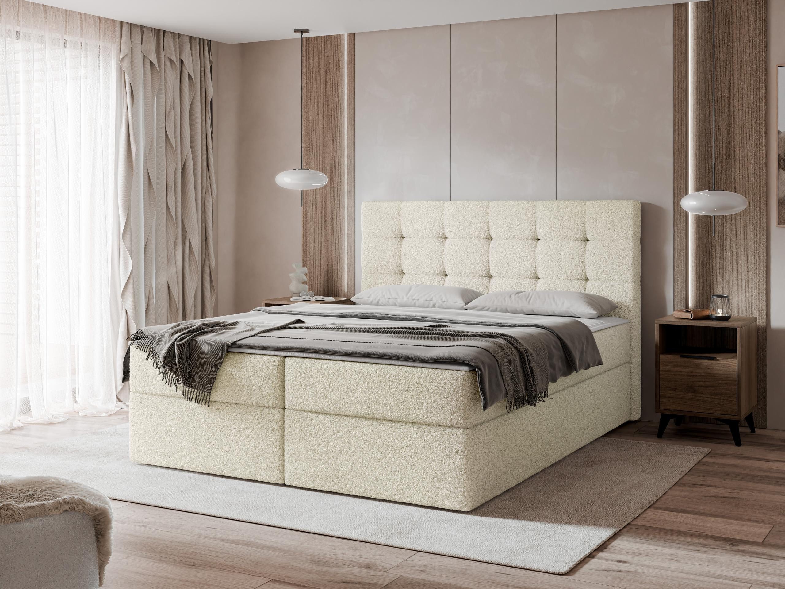 MIRJAN24 Boxspringbett Luanda Boucle (mit zwei Bettkästen für die Bettwäsche), Gepolstert Kopfteil, Bonellfederkern, 140/160/180x200 cm