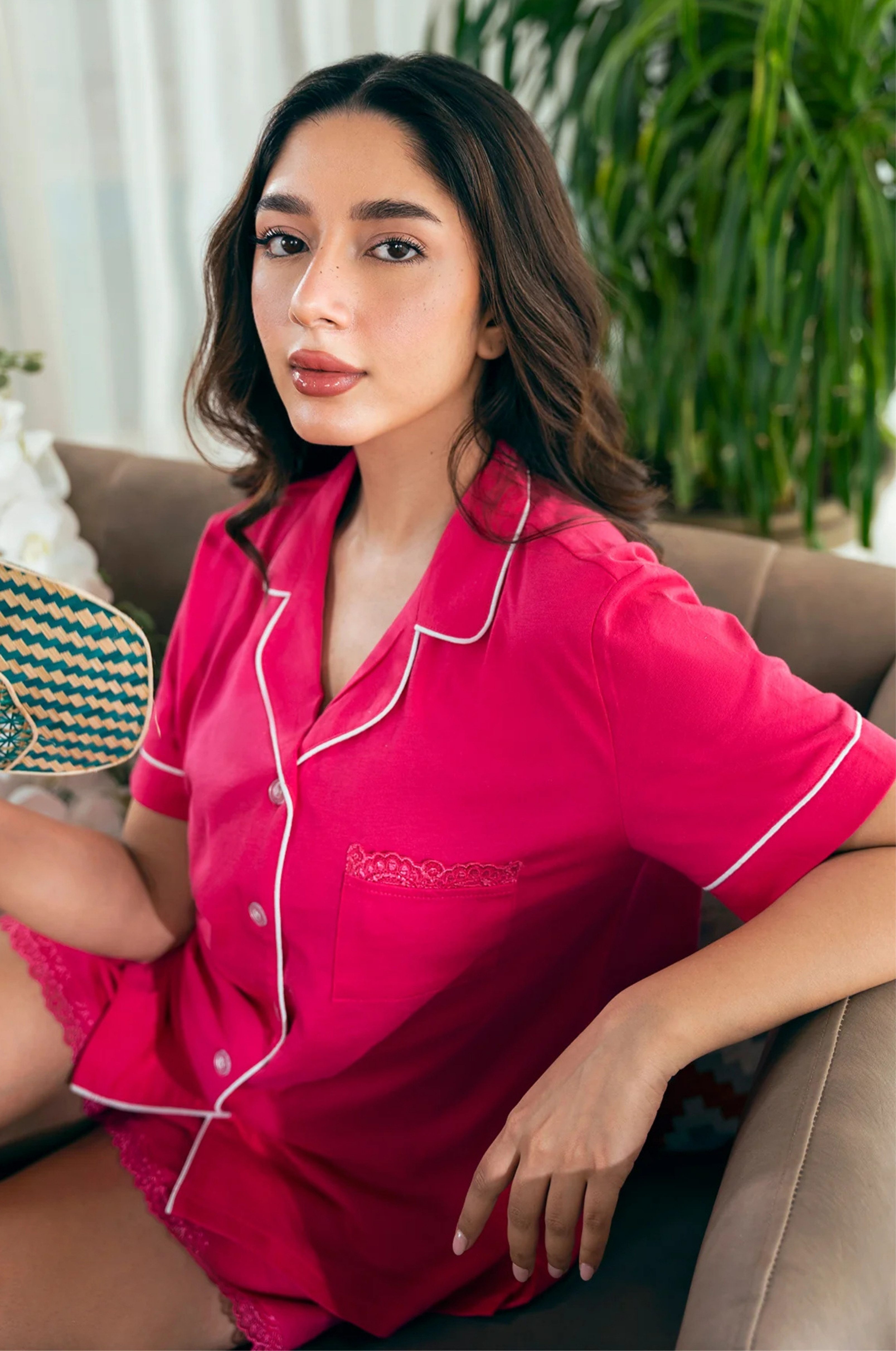 SNOOZE OFF Shorty Damen Pyjama 2-teilig aus 100 % Baumwolle mit Spitze in Pink (2 tlg., 1 Stück) Sommer Schlafanzug mit kurzarm Hemd & Shorts