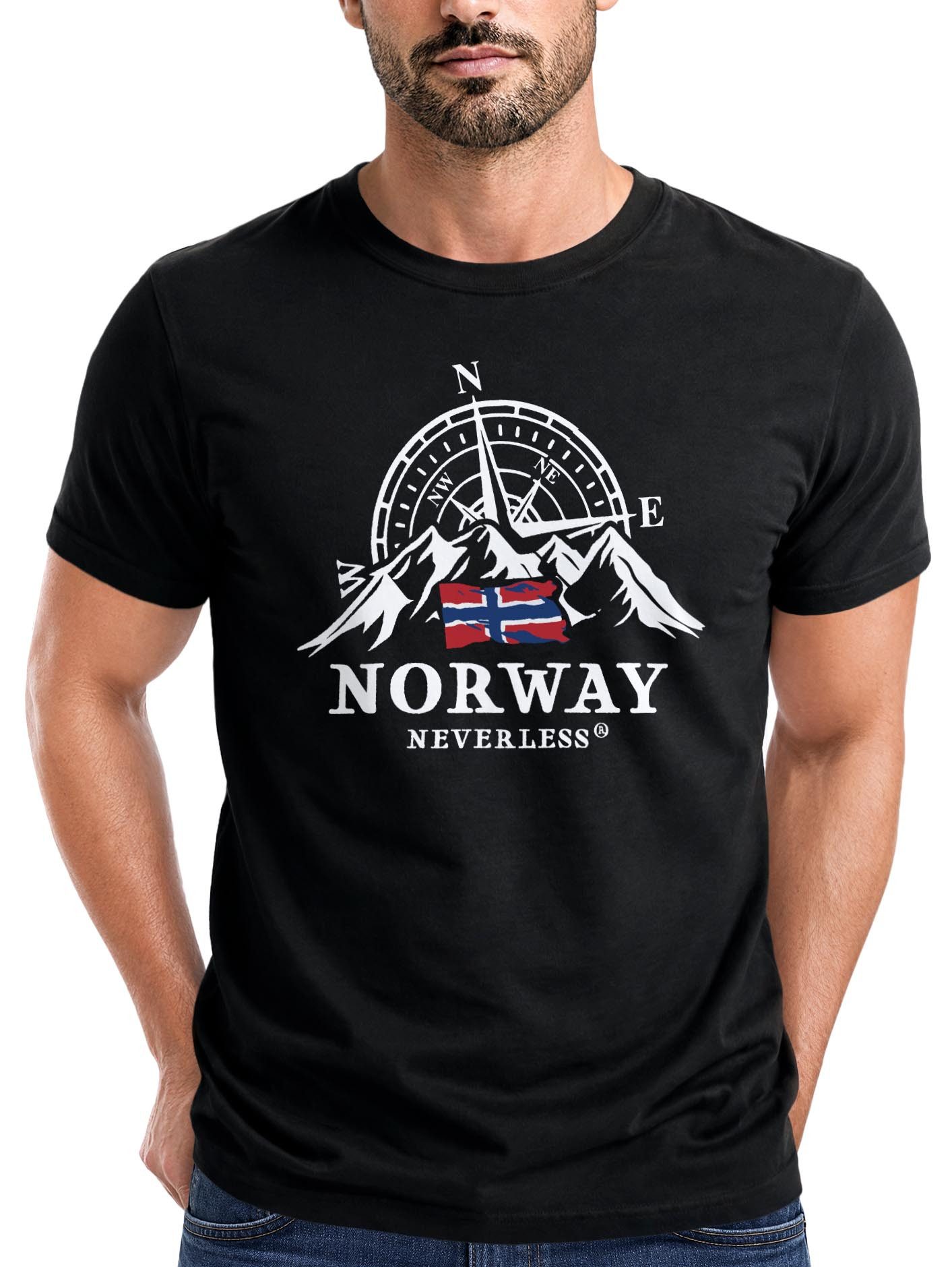 Neverless Print-Shirt Herren T-Shirt Norwegen Flagge Skandinavien Nordisch Kompass Outdoor mit Print