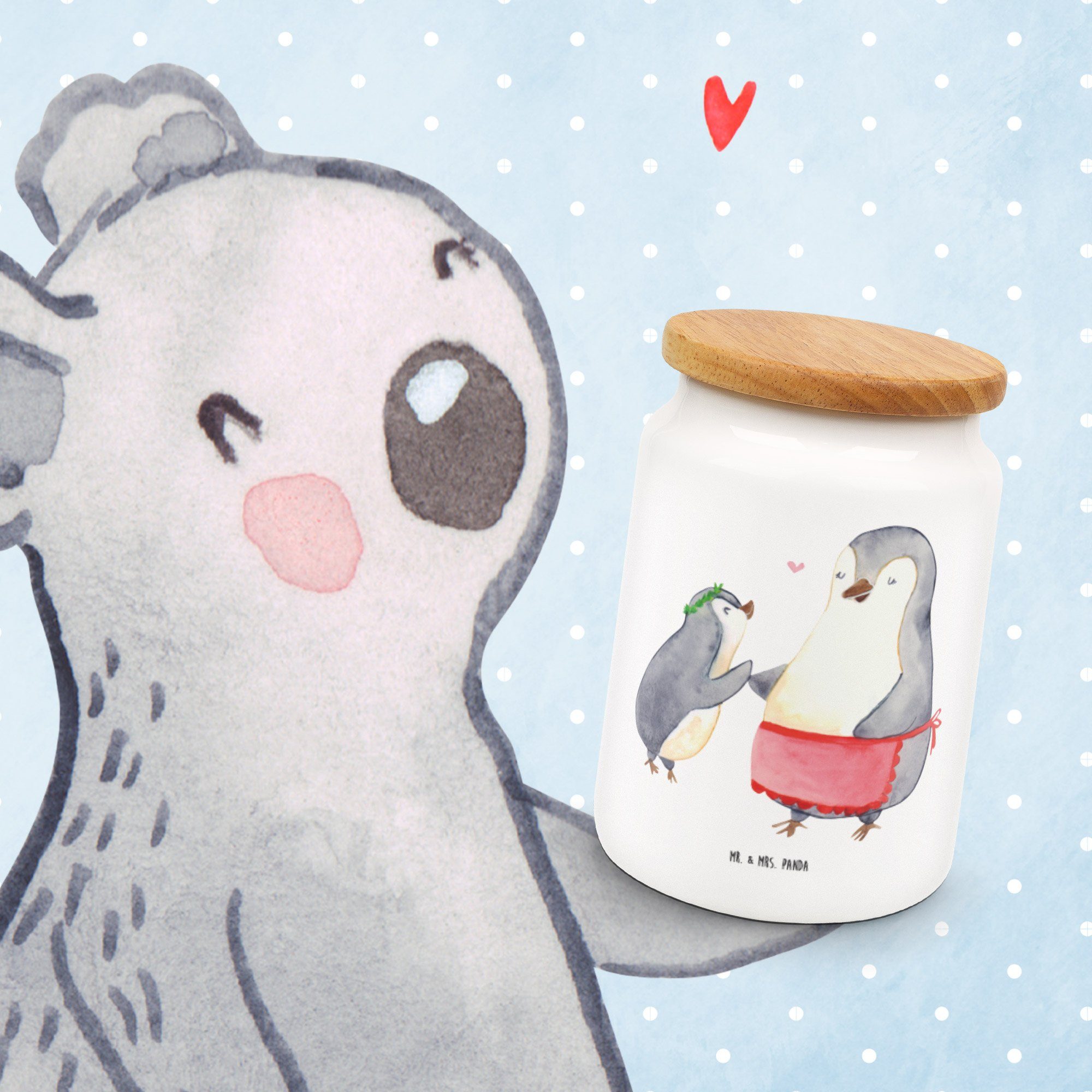 Keramik, Vorbild Schwester, Mrs. Kind Pinguin Vorratsdose Mama, Geschenk, Mu, - Weiß mit - (1-tlg) Panda Opa, Mr. &