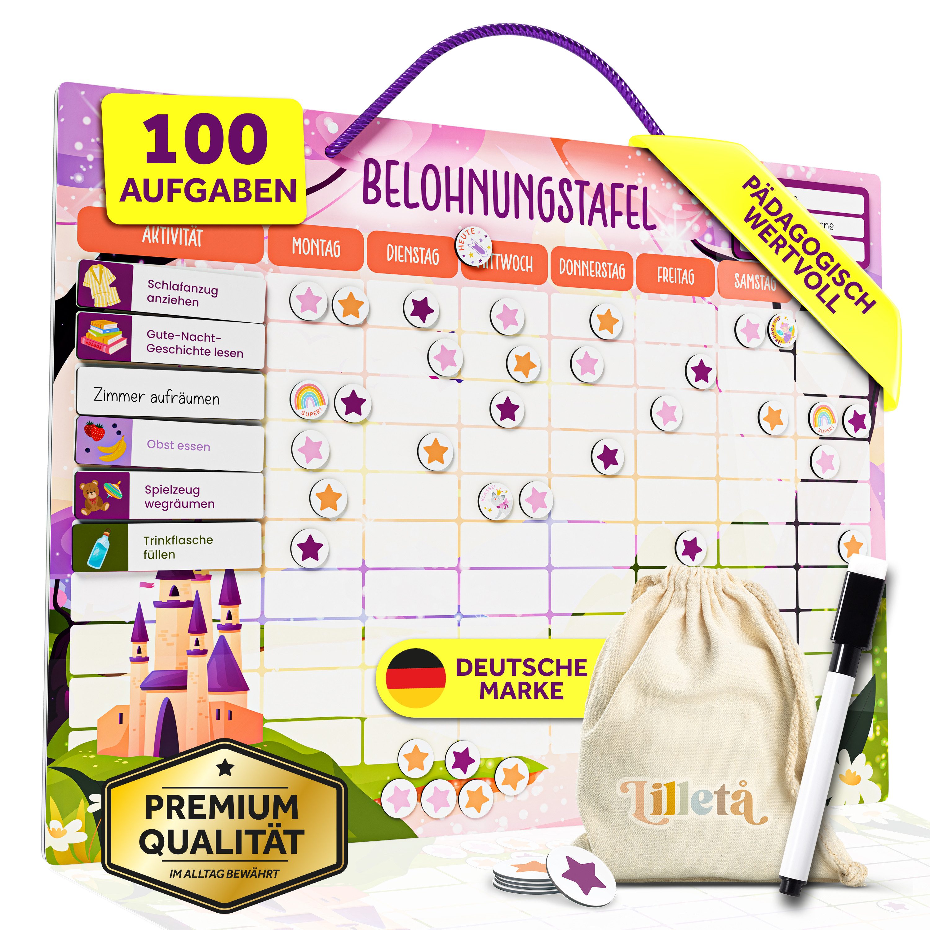 Lilletå Lernspielzeug Belohnungstafel für Kinder – 95 Aufgaben & 350 Magnete, Magnetisches Belohnungssystem für Verantwortung & Selbstständigkeit
