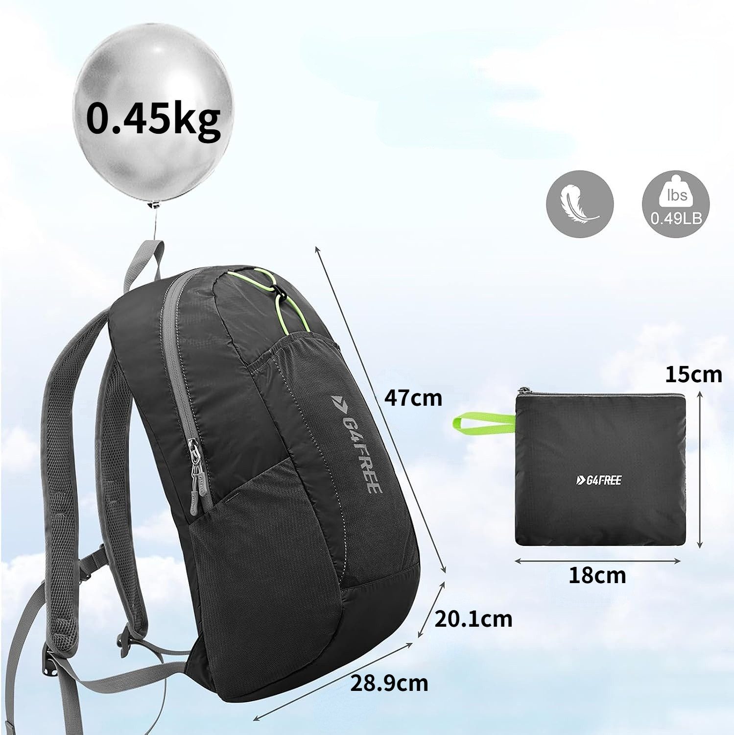 G4Free Wanderrucksack 10 L leichte, faltbare Freizeit-Schultertasche (1-tlg), 24L Faltbarer, wasserdichter Wanderrucksack