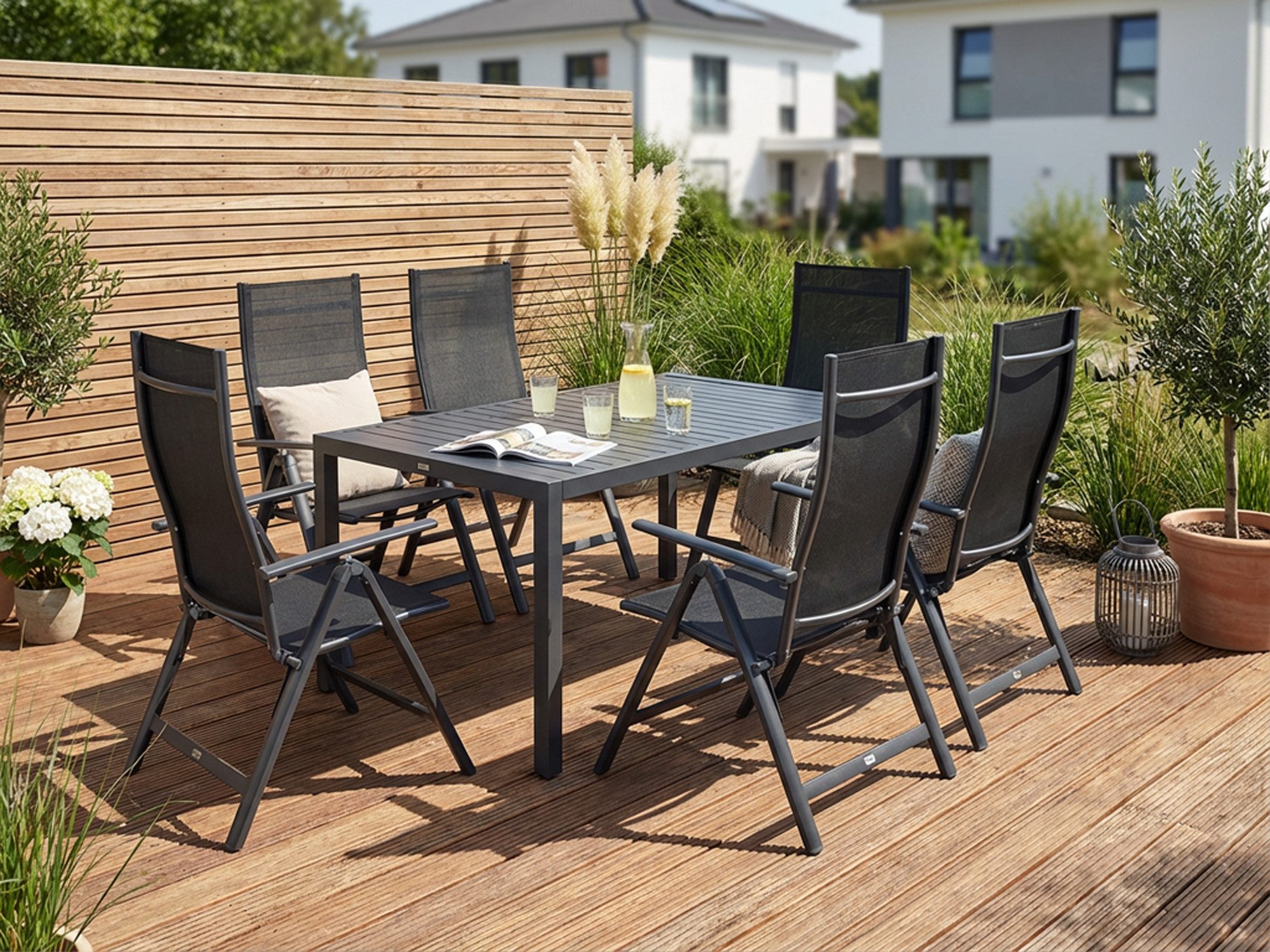 KONIFERA Garten-Essgruppe Messina, (Set, 7-tlg., 6x Sessel, 1x Tisch 160x90x74 cm, Aluminium, Textilgewebe), klappbar, 7-fach verstellbare Rückenlehne, Tischplatte aus Alulatten