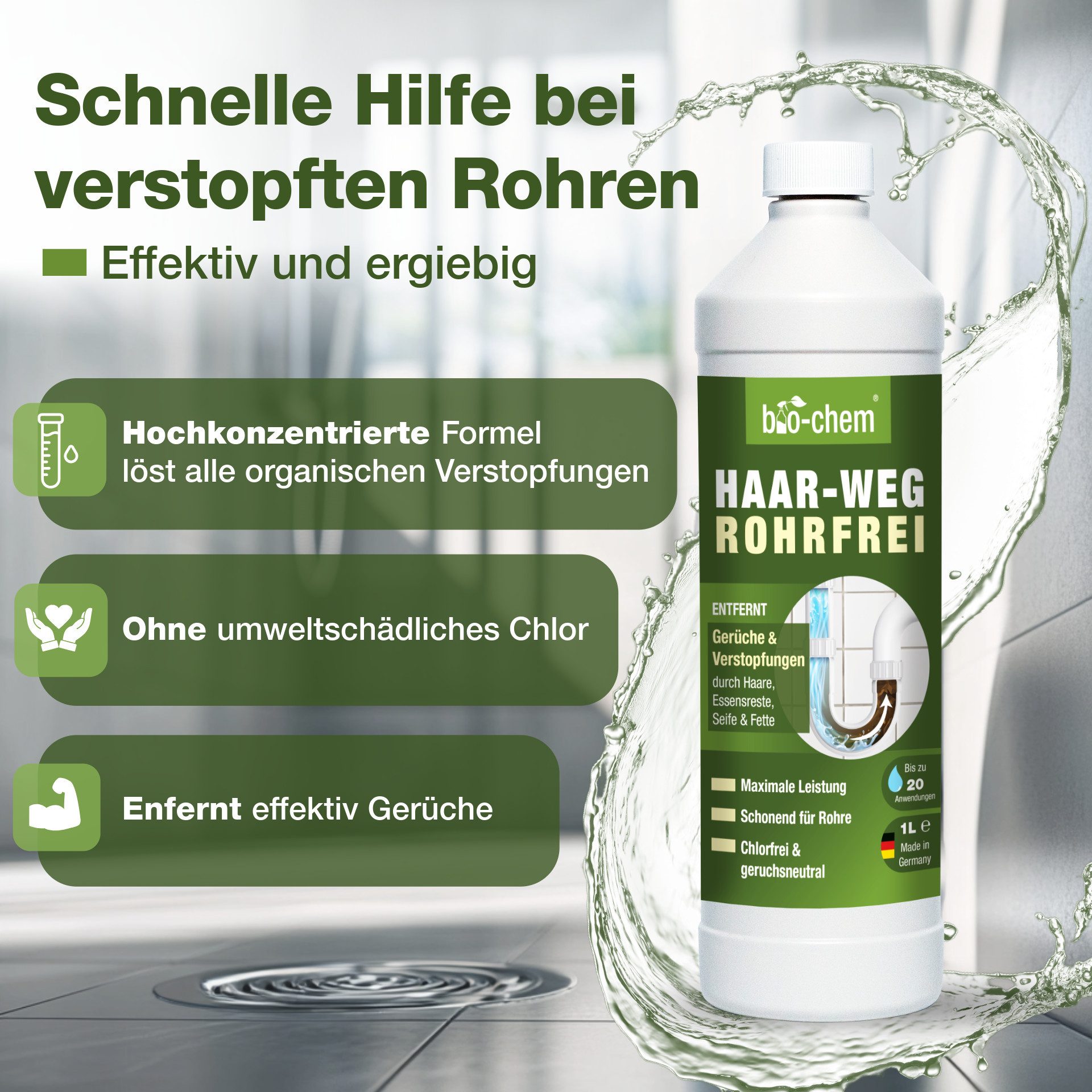 bio-chem Abflussreiniger EXTRA STARK 1 L - Profi Rohrreiniger - Geruchsneutral Rohrreiniger (Einzelprodukt, [- HAAR-WEG Abflussfrei 1 l Chlorfrei und geruchsneutral – sicher in Anwendung)