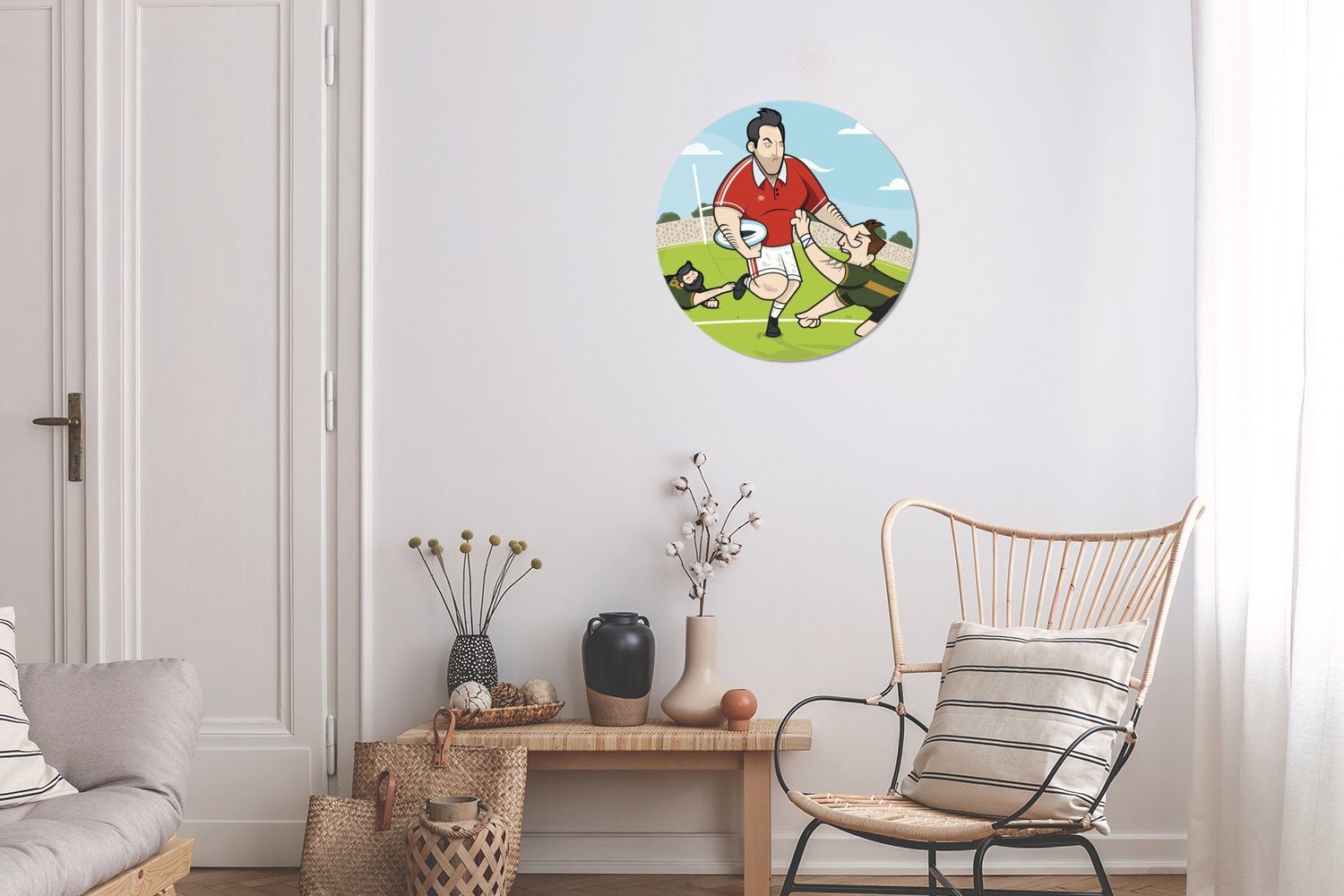 Wandbild, Wanddekoration Rundes (1 eines Gemälde Kreis Eine 30x30 Illustration Wohnzimmer, cm MuchoWow St), Forex, Aktion Rugby, Mannes in beim