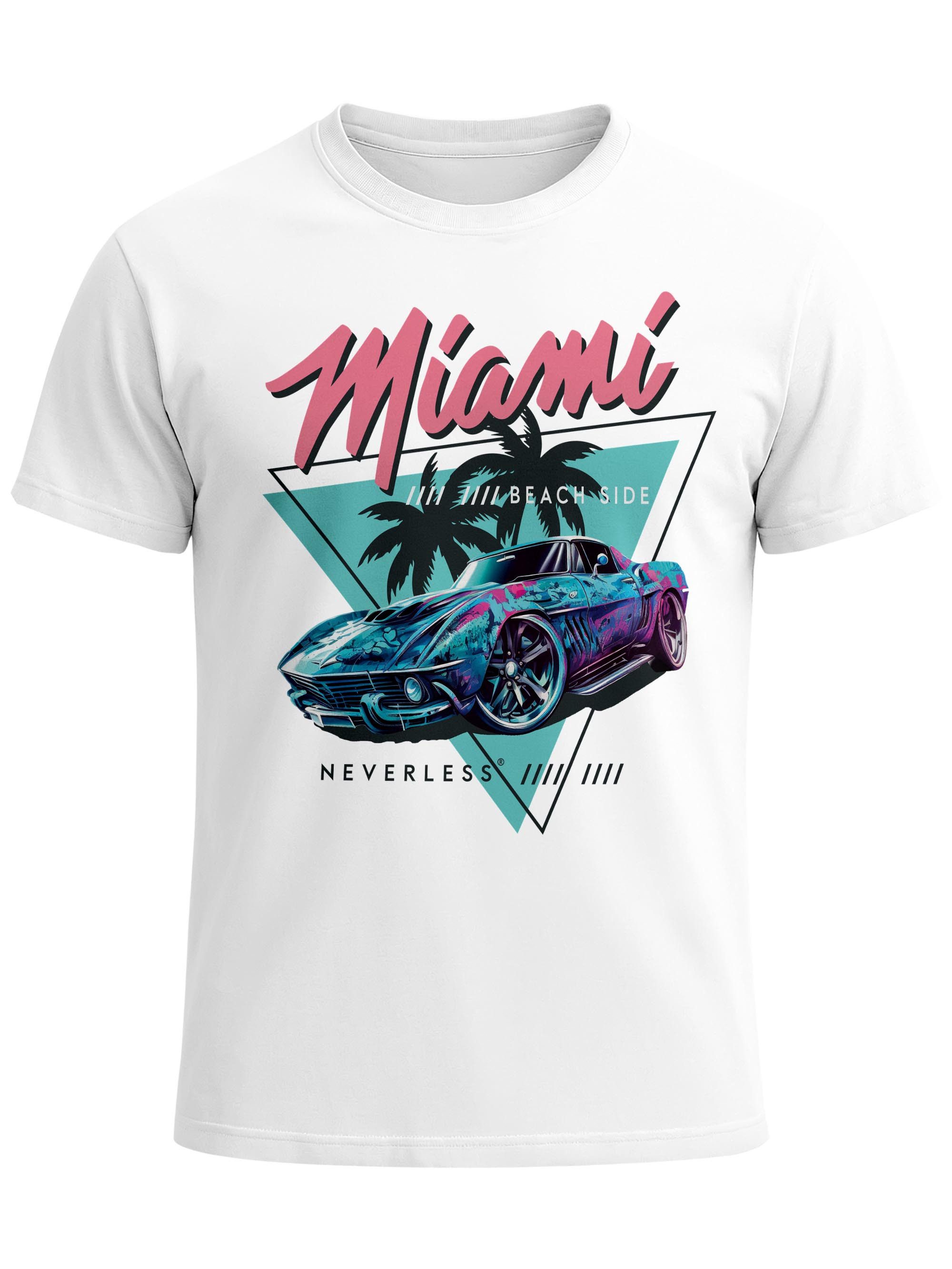 Neverless Print-Shirt Herren T-Shirt Bedruckt Miami Beach Surfing Motiv USA Retro Automobil mit Print