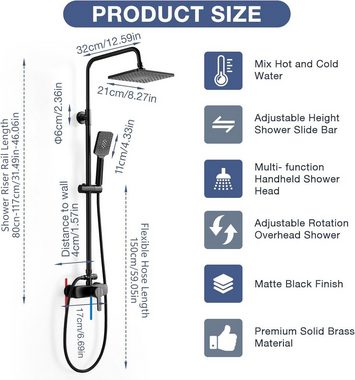 AIMOYO Duschsystem mit Duscharmatur Schwarz, mit Armatur Schwarz, Duschkopf, Höhe 117 cm, 3 Strahlart(en), mit 3 Strahlarten, Duschschlauch, Brausestange Regendusche Regendusche