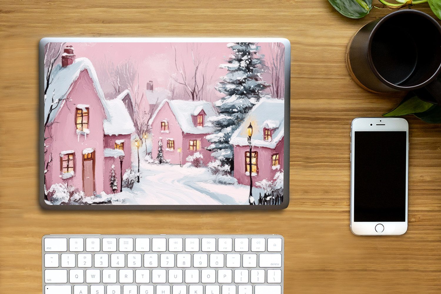 Thumbnail - MuchoWow Laptop-Aufkleber Weihnachtsdorf - Rosa - Winter - Schnee - Häuser, (1tlg), Laptop Folien Cover, Aufkleber, Stic...