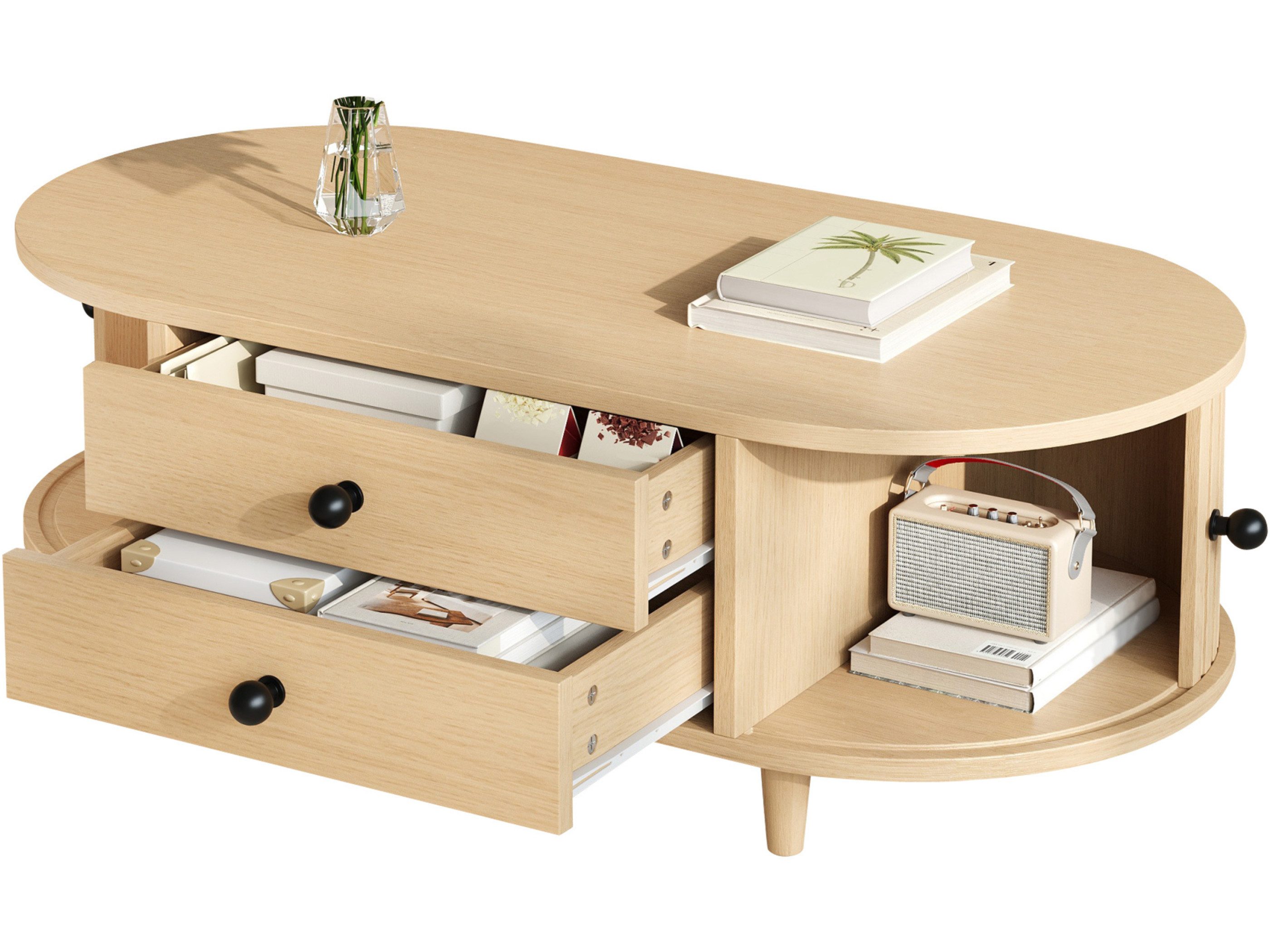 SeedWave Couchtisch Ovaler Sofatisch in Holzoptik mit 100cm Tischplatte, Schiebetüren, Wohnzimmertisch mit Stauraum und Massivholzbeinen