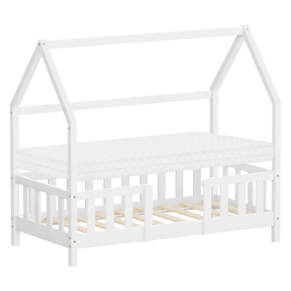 ML-DESIGN Spielbett Hausbett Kinderbett inkl. Lattenrost kreativ Bodenbett für Kinder, Abenteuerbett mit Matratze H-10 cm 70x140cm Holzbett Weiß Bettgestell