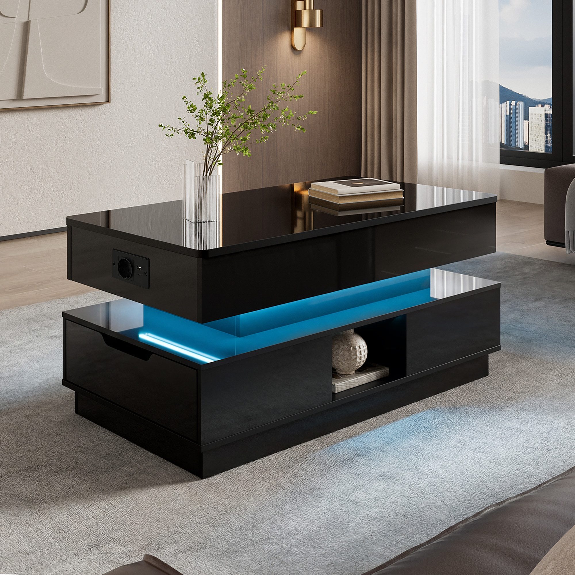 Ulife Couchtisch mit Stauraum, Schubladen, LED-Beleuchtung und Steckdose, Schwarz (1-St), Höhenverstellbar für flexible Nutzung