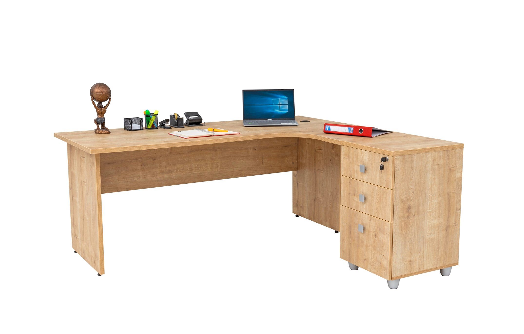 Furni24 Schreibtisch Winkelschreibtisch Dona,Holzfuss,Eiche,180 cm, Beistellcontainer inkl
