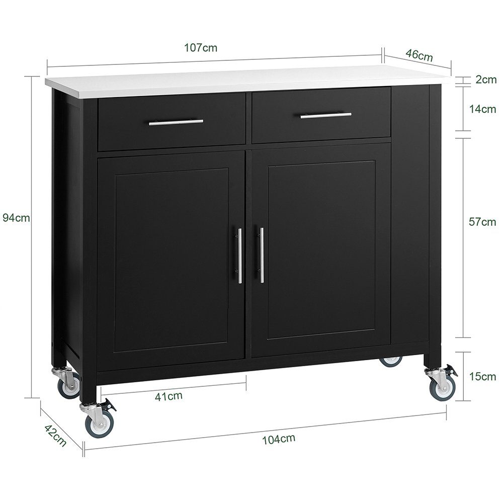 Küchenschrank schwarz Kücheninsel mit Seitenregal mit Küchenwagen Edelstahlplatte SoBuy FKW108,
