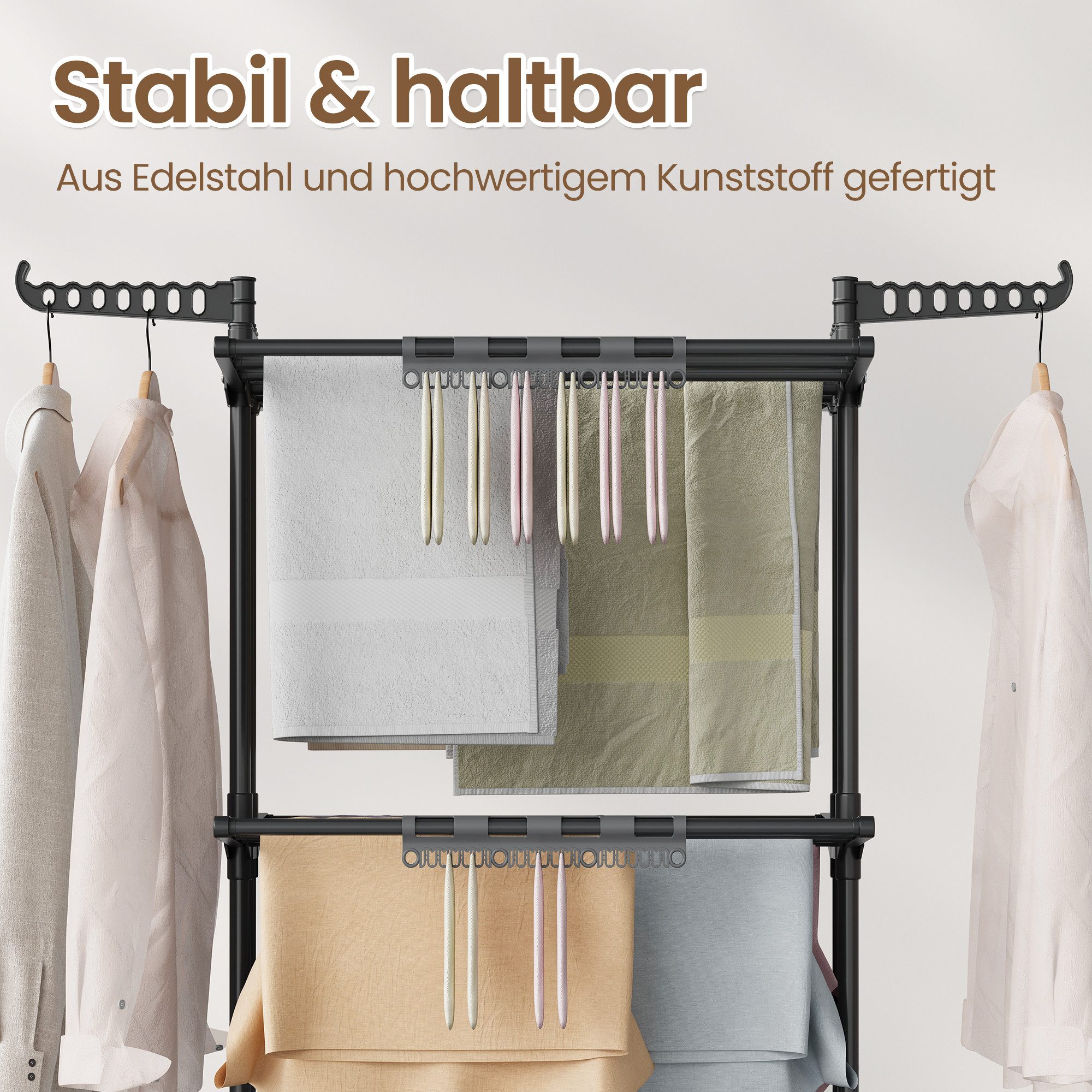 SONGMICS Wäscheständer Turm Standtrockner 4 Ebenen, Flügelwäscheständer, einfacher Aufbau, klappbare Flügel, mit Rollen, 63,5 x 125,5 x 173 cm – Bild 4 von 5