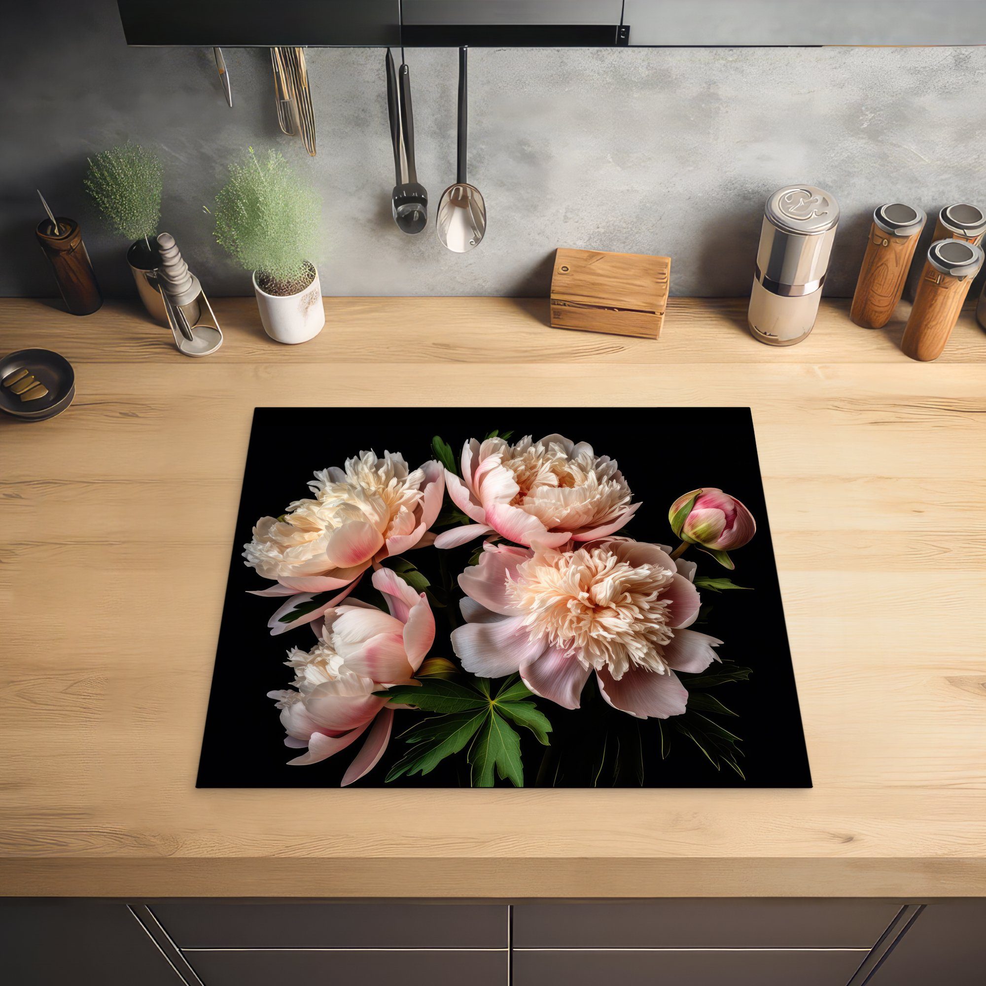 - Weiß, Vinyl, cm, - Arbeitsfläche - (1 Rosa Mobile MuchoWow nutzbar, Herdblende-/Abdeckplatte 60x52 Natur Blumen - tlg), Ceranfeldabdeckung Pfingstrosen