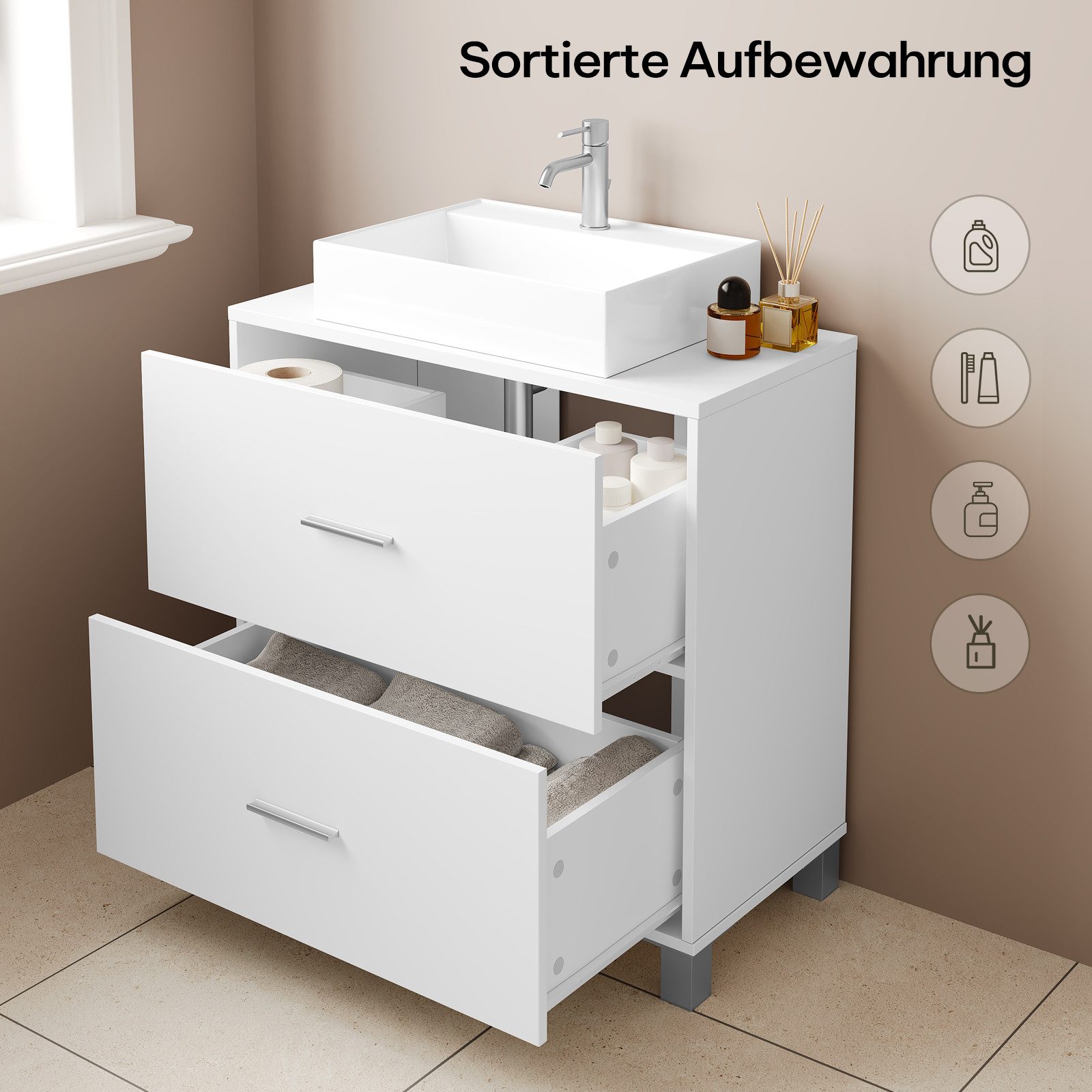 EUGAD Waschbeckenunterschrank (1-St) mit 2 Schubladen, freistehend, weiß, 60x60x30 cm – Bild 4 von 5