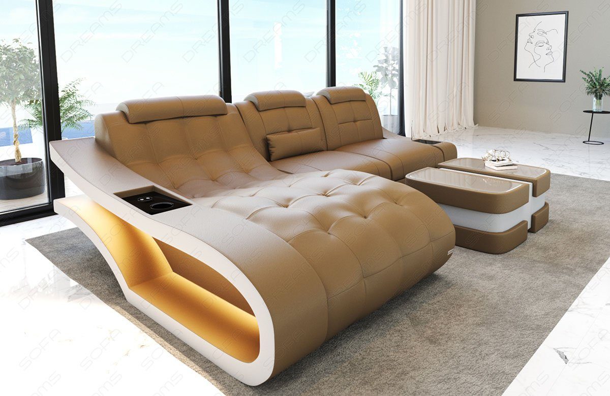 Sofa Dreams Ecksofa Leder Sofa Couch Elegante Ledercouch, L-Form Ledersofa mit LED, wahlweise mit Bettfunktion