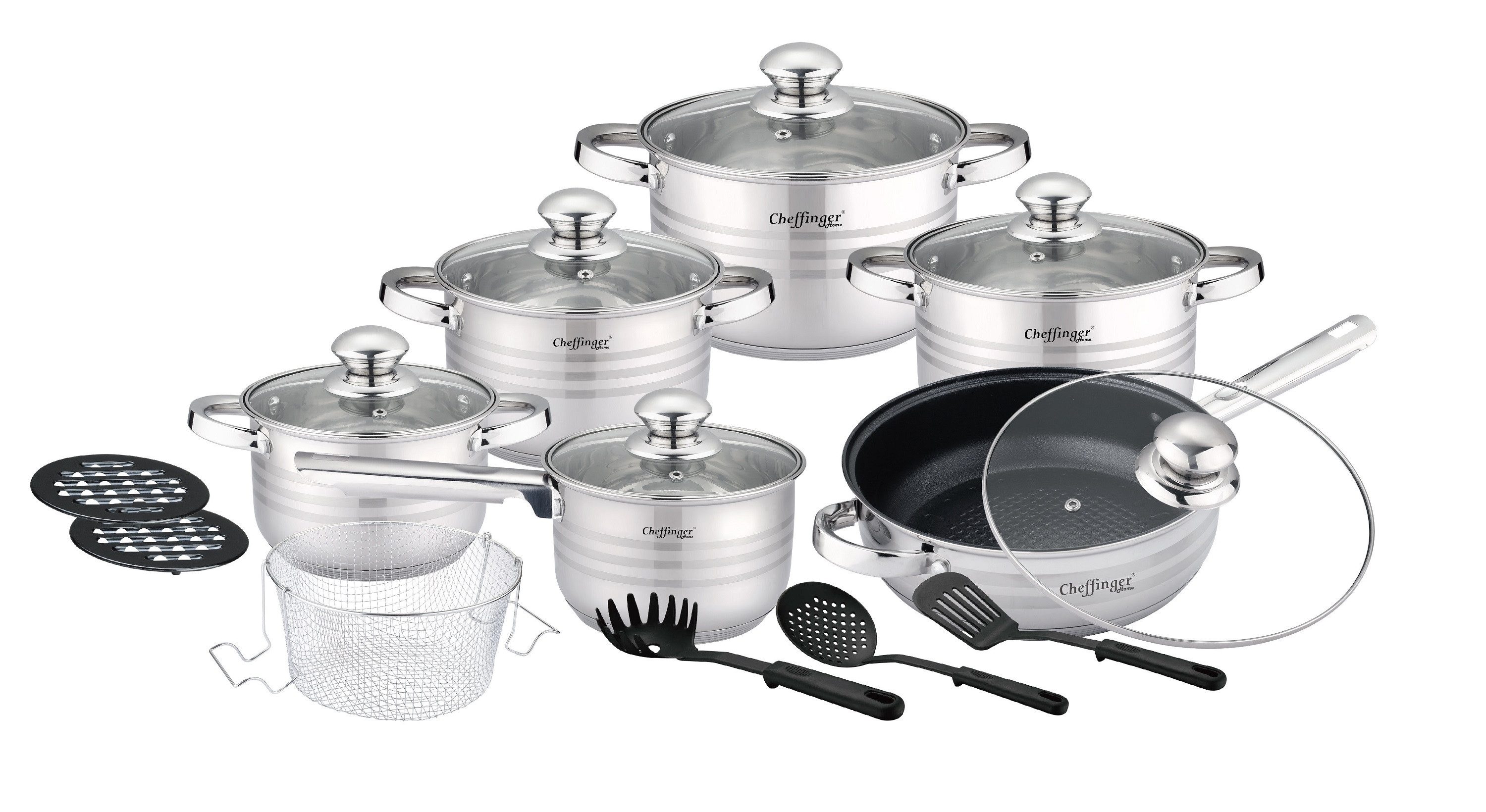 Cheffinger Topf-Set Cheffinger Kochtopf Pfannen Topfset Glasdeckel 18-tlg Induktion, Material: Edelstahl, Glas, Kunststoff