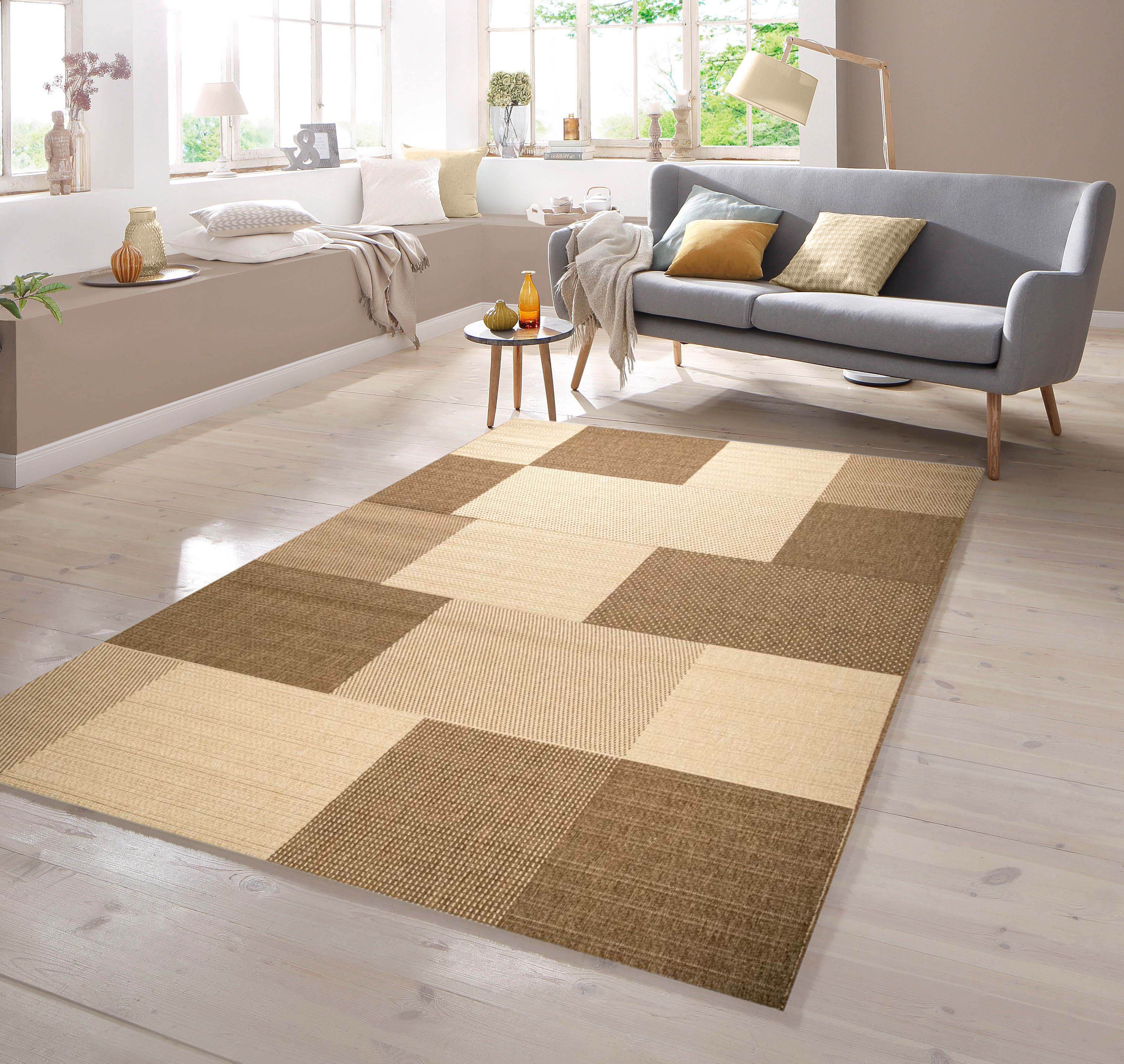 TeppichHome24 Teppich Teppich Sisal Optik Karo Design Braun Beige, rechteckig, Höhe: 7 mm