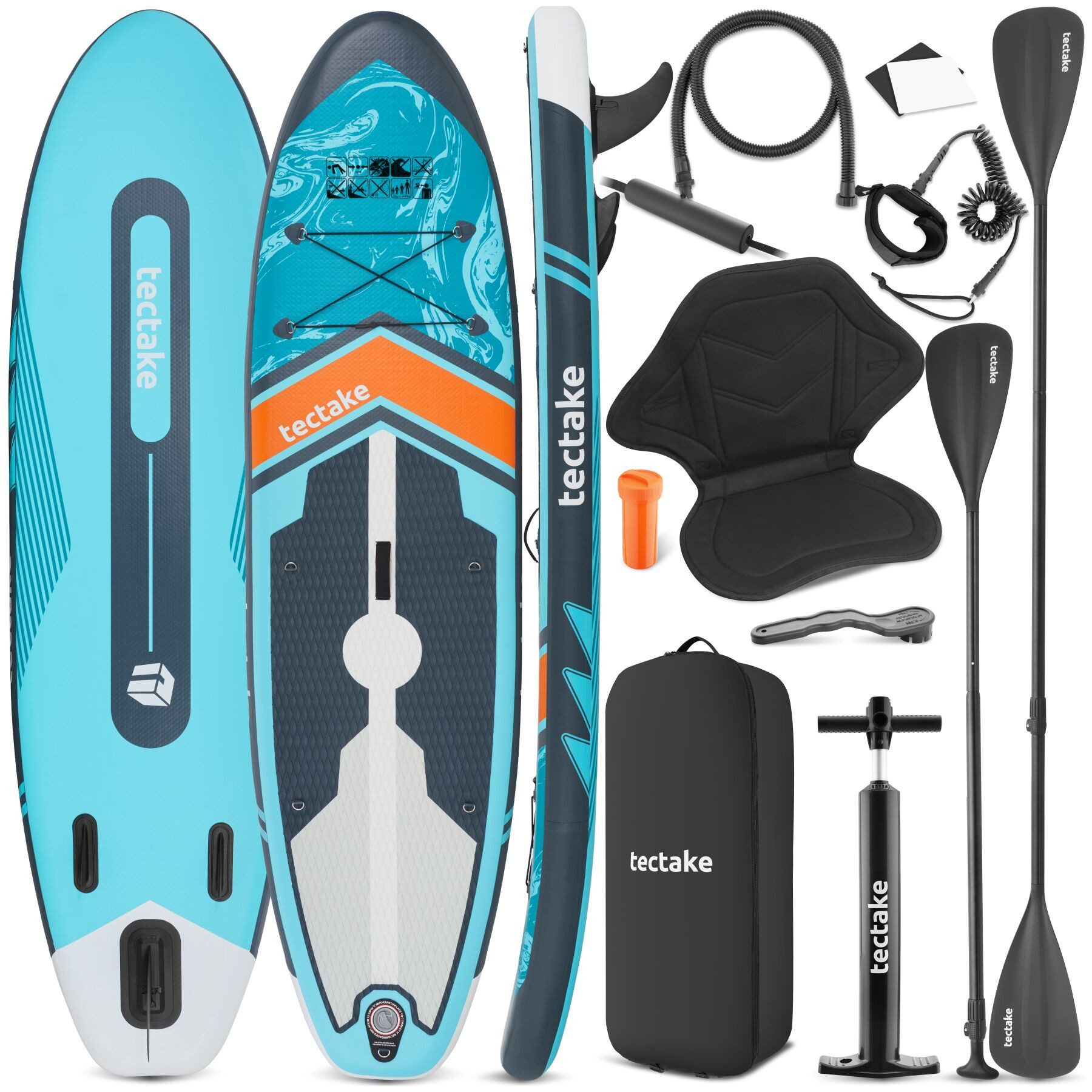 tectake SUP-Board Aufblasbares Paddle Board 288 cm, Drop-Stitch, Kajak-Sitz, Stand-up Paddle, (Sup Board Mit Sitz Palagios, in Türkis/orange), Inkl. verstellbares Doppelpaddel und rutschfestes EVA-Deck