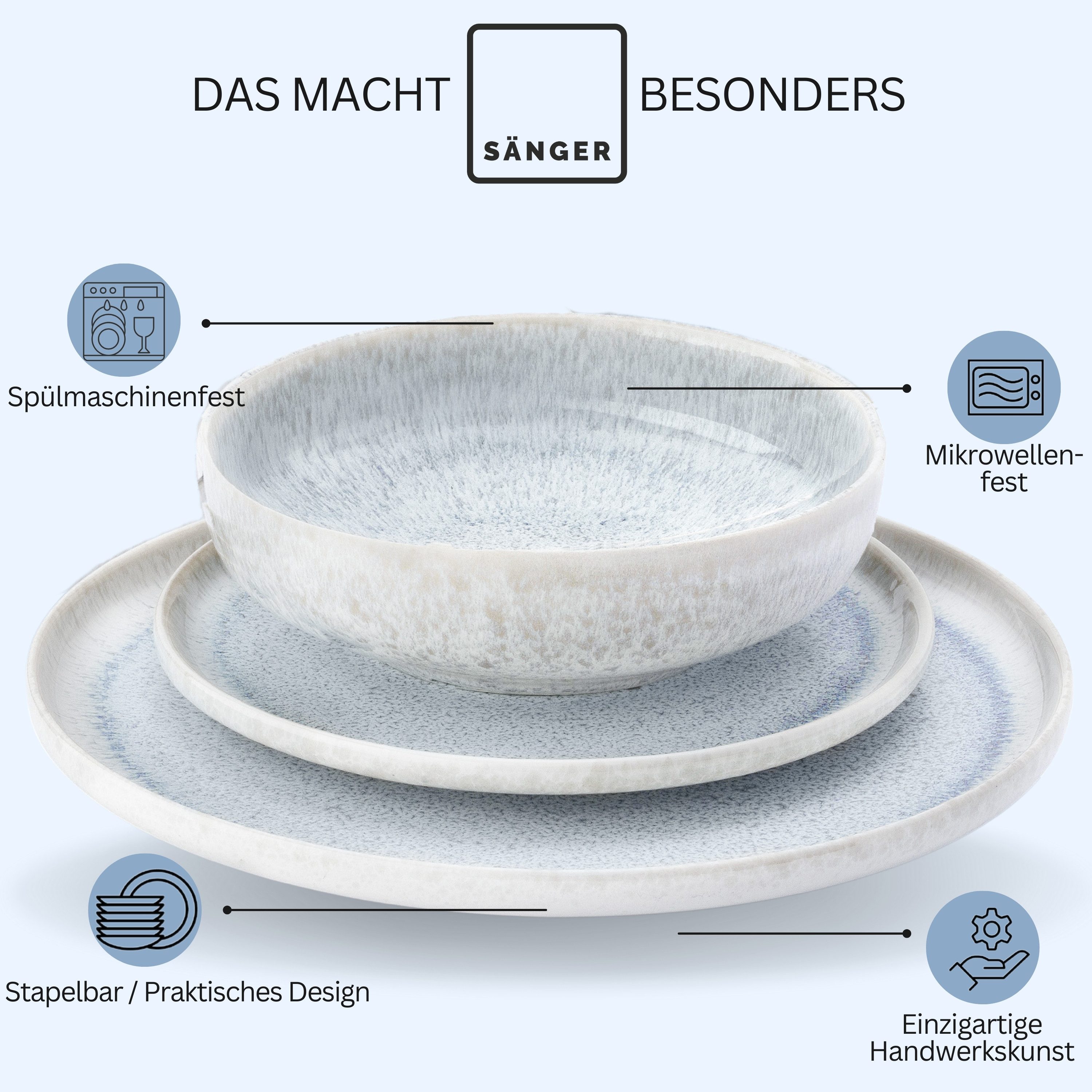 SÄNGER Tafelservice Santorini Geschirrset (12-tlg), 4 Personen, Steingut, Cremefarben mit Flieder Blauem Verlauf, Premium Collection, Handmade