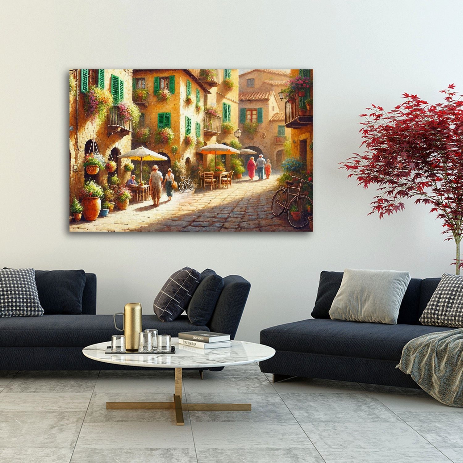 Artedinoi Leinwandbild Toskana Gasse Blumen Café Leinwandbild Wandbild XXL Deko, Toskana-Gasse mit Blumen