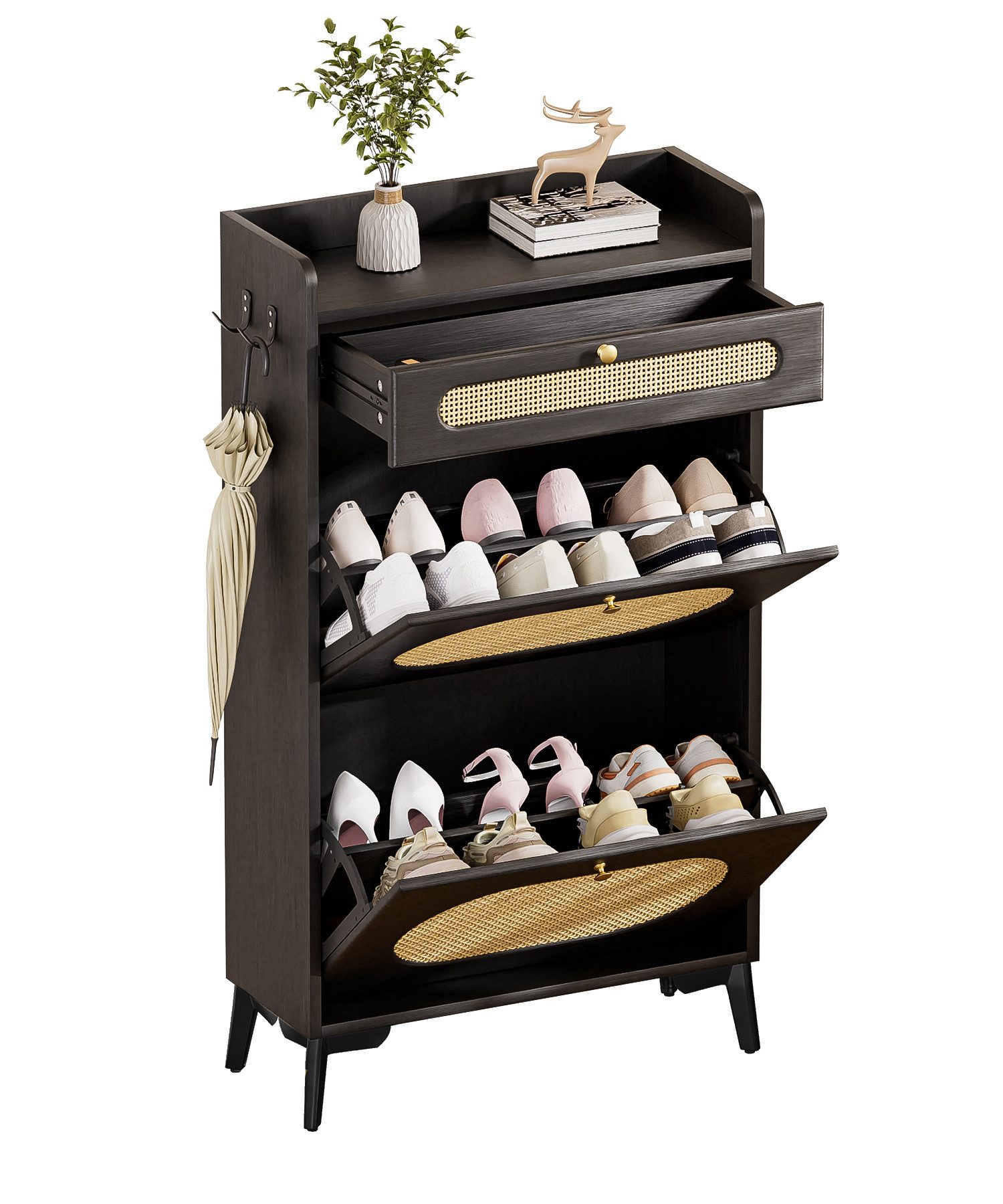 Yorbay Schuhschrank Schmal,Schuhkipper mit 2 Klappen & 1 Schublade,Rattan-Deko (60 x 24 x 110,5 cm) Metallbeinen & Haken, für Flur & Eingangsbereich