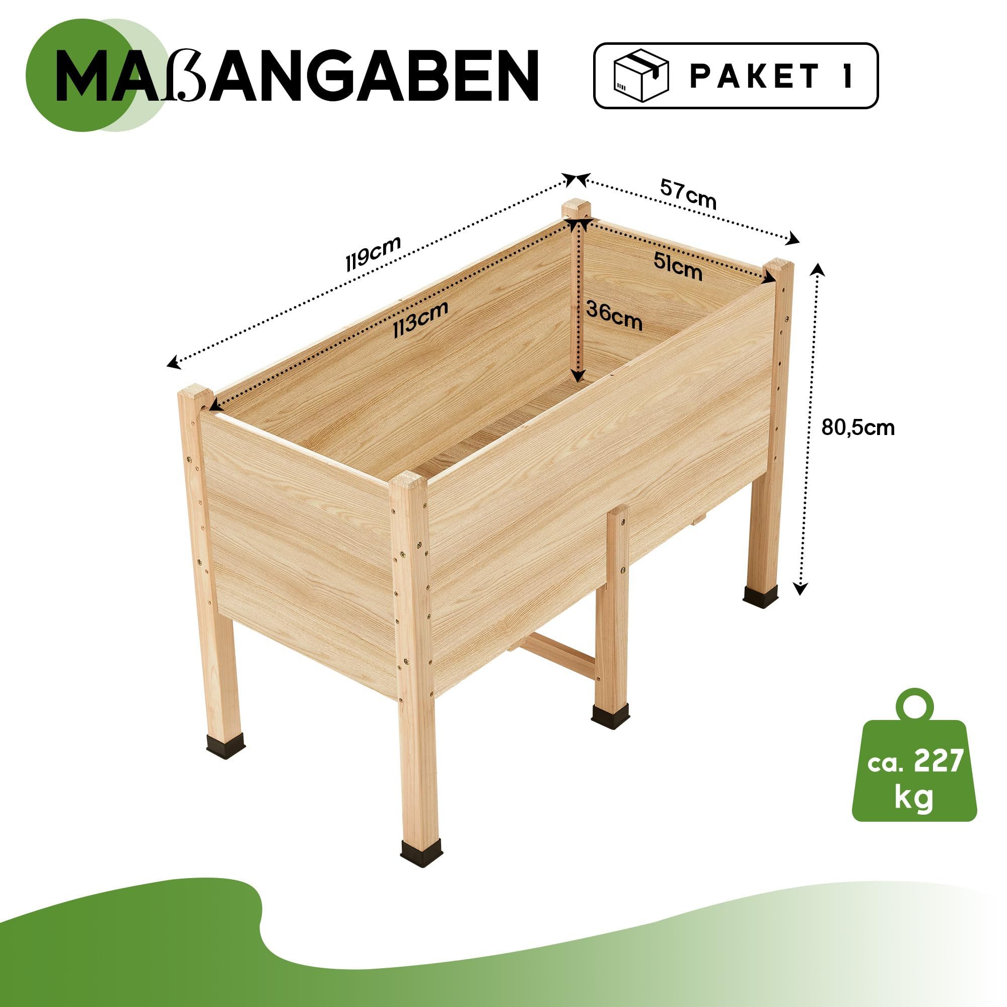 AMERLIFE Hochbeet aus Massivholz, mit Beinen, ergonomisch & rückenschonend (1 St), 119x80,5x57 cm, 36 cm Pflanztiefe, für Garten & Balkon, Naturfarbe