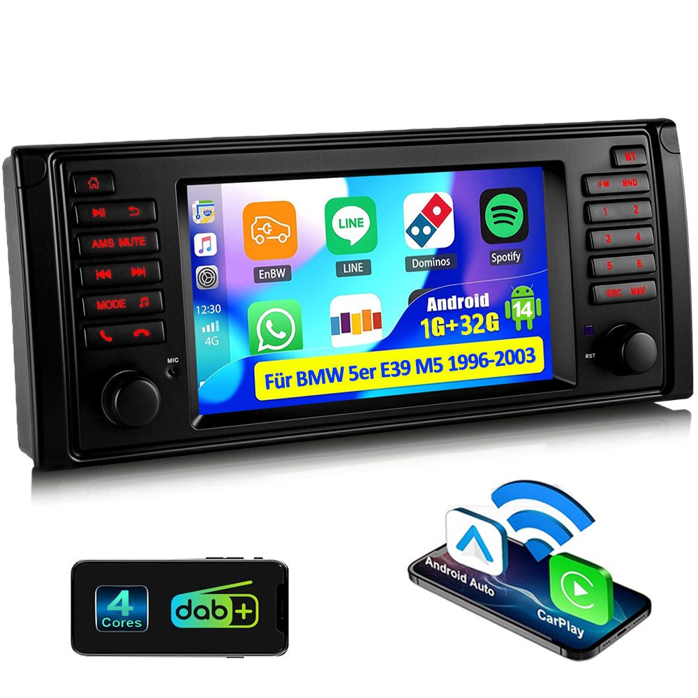 ESSGOO 7" 4+64GB Android 14 CarPlay Für BMW 5er E39 M5 GPS Navi WIFI Autoradio (Digitalradio (DAB), 4+64GB(optional), RDS, Wireless Apple Carplay Android Auto,4x Cortex A53 1.5GHZ)