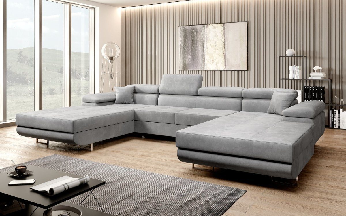 Luxusbetten24 Sofa Calvera U, mit Schlaf- und Klapptfunktion Hellgrau