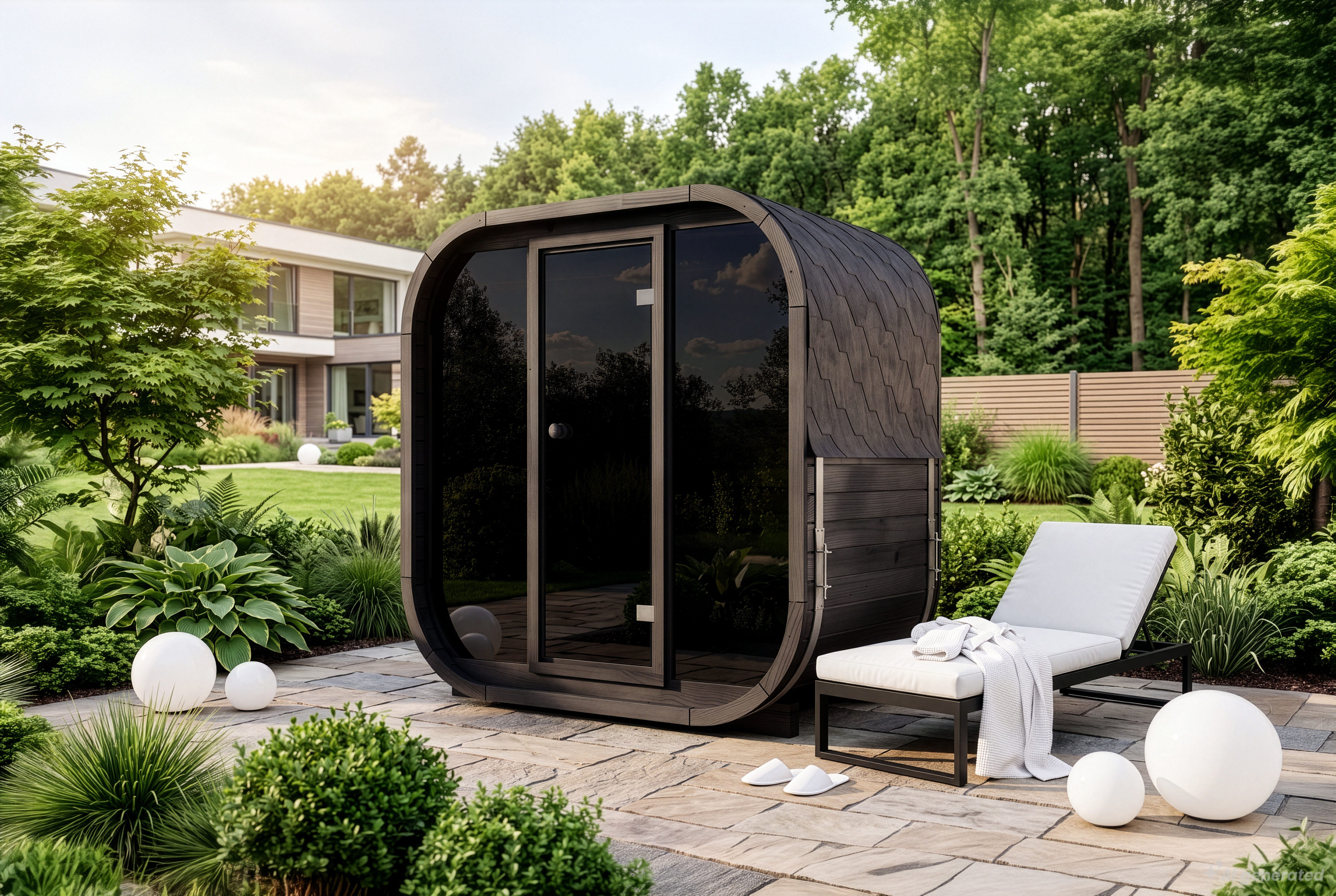 FinnTherm Fasssauna Ellipso M mit Schwarzglas, BxTxH: 195 x 113 x 210 cm, 42 mm, in Schwarz mit Schwarzglas Inkl. Fußboden