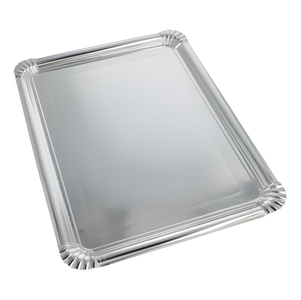 PAPSTAR Servierplatte 10 x Servierplatten Pappe PET-beschichtet eckig 34 cm x 45,5 cm silber, Frischfaser-Karton, PET beschichtet