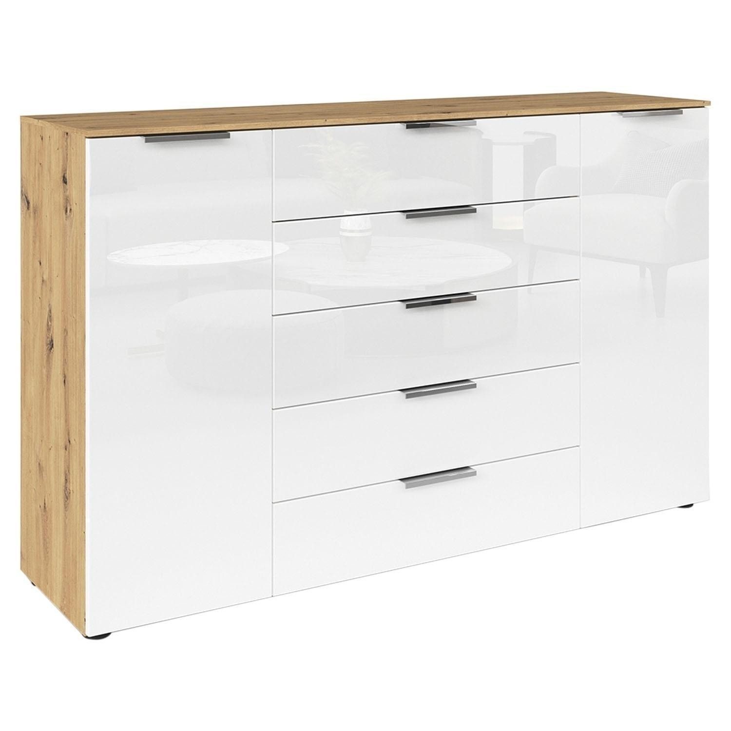 rauch Kommode FLIPP, Artisan Eiche Dekor, Weiß, 2 Türen, 5 Schubladen, mit Soft-Close-Funktion, B 160 x H 100 x T 42 cm